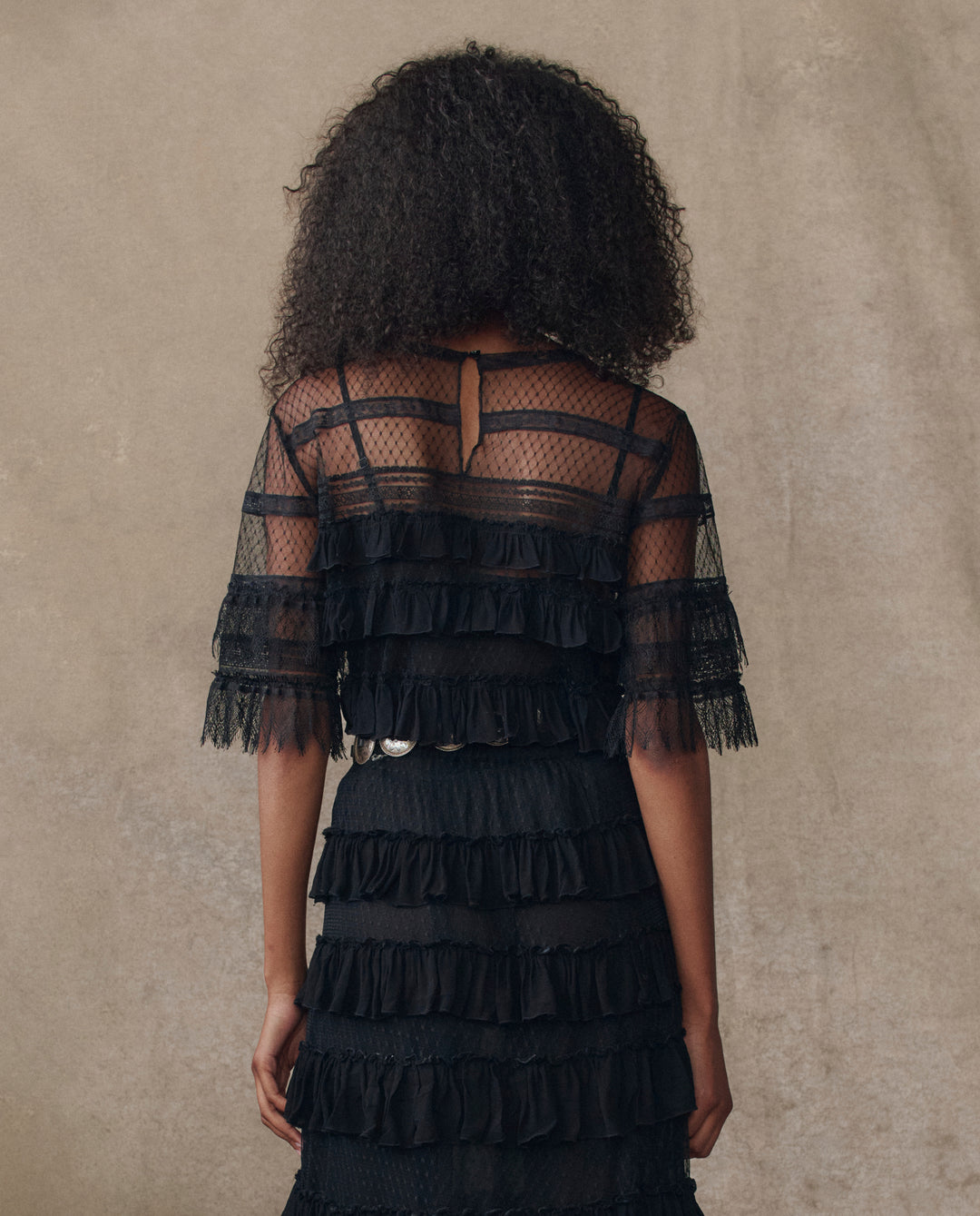 The Great Winter Mesh Flounce Top in Black