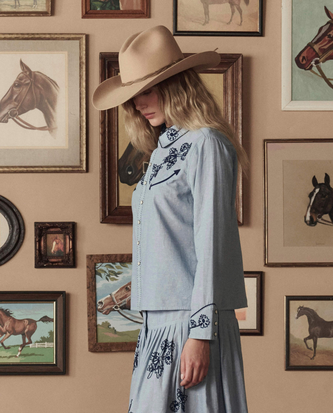 The Great x Stetson Embroidered Western Shirt in Chambray