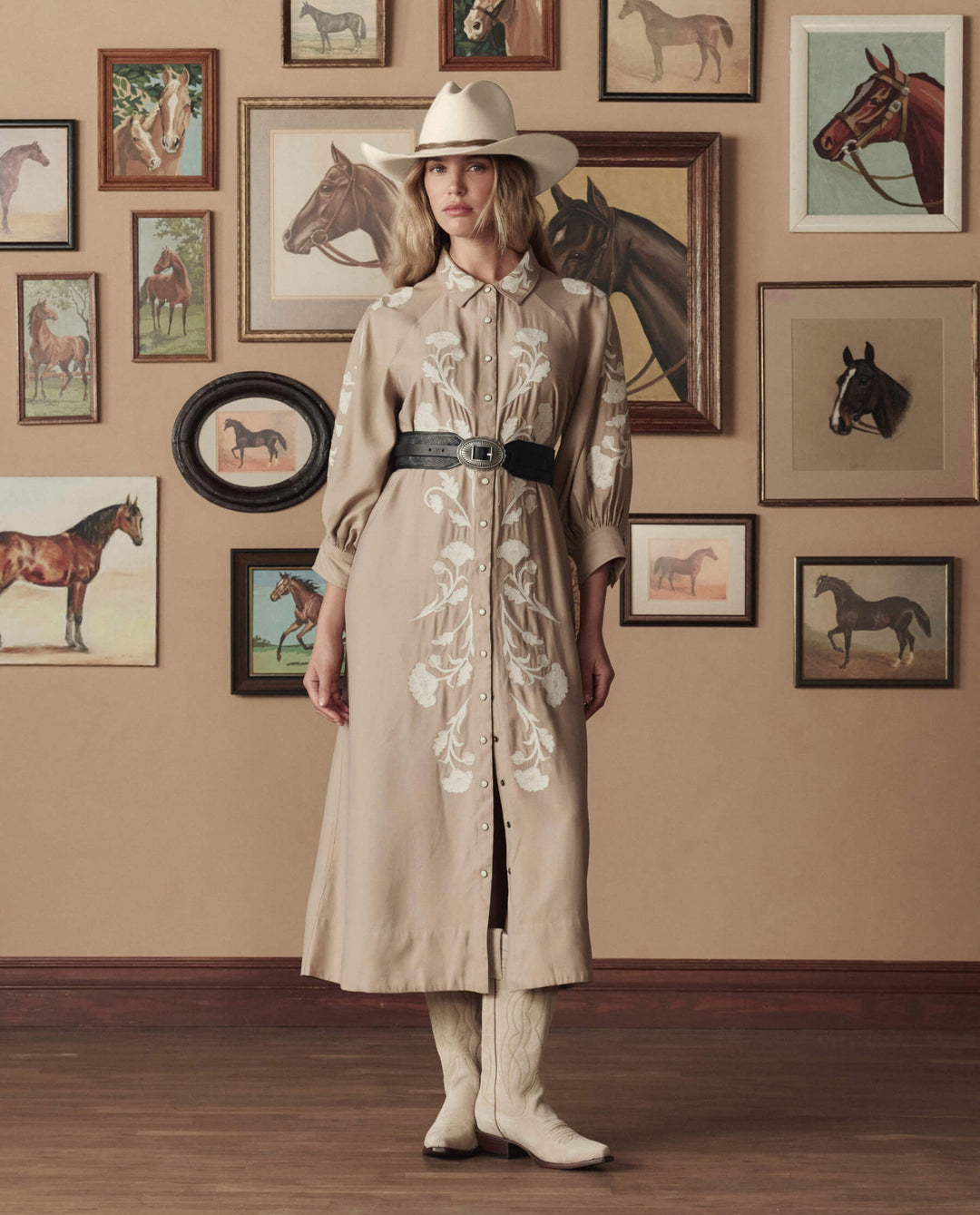 The Great x Stetson Western Embroidered Herd Dress in Soft Tan with Cream Embroidery