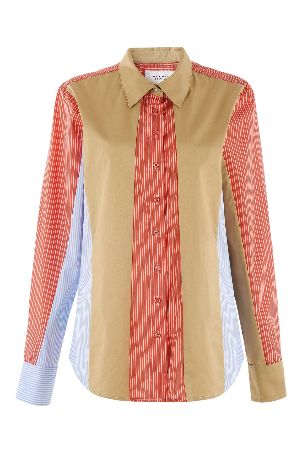 The Shirt By Rochelle Behrens Boyfriend Shirt In Stripe Tan Red Blue