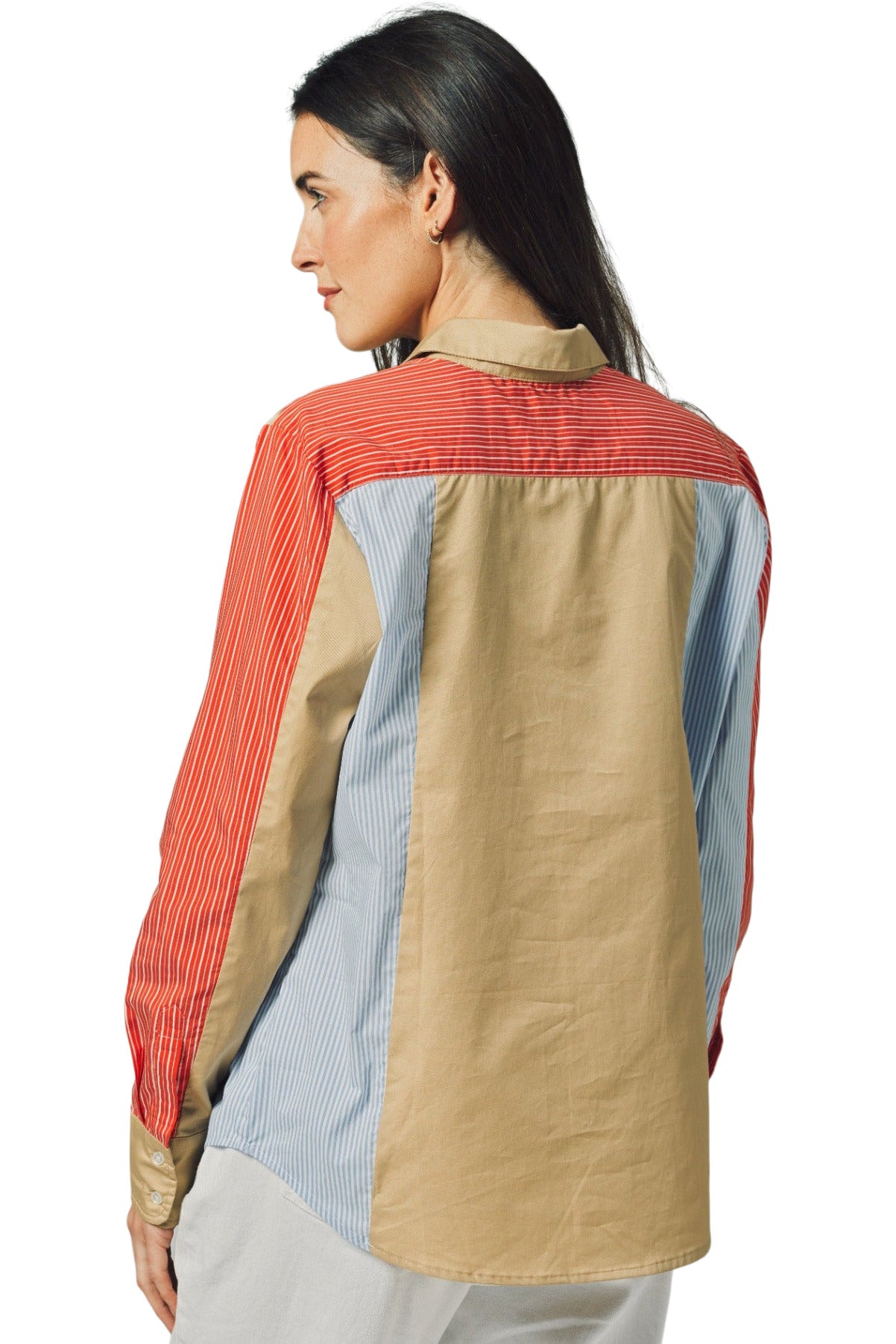 The Shirt By Rochelle Behrens Boyfriend Shirt In Stripe Tan Red Blue