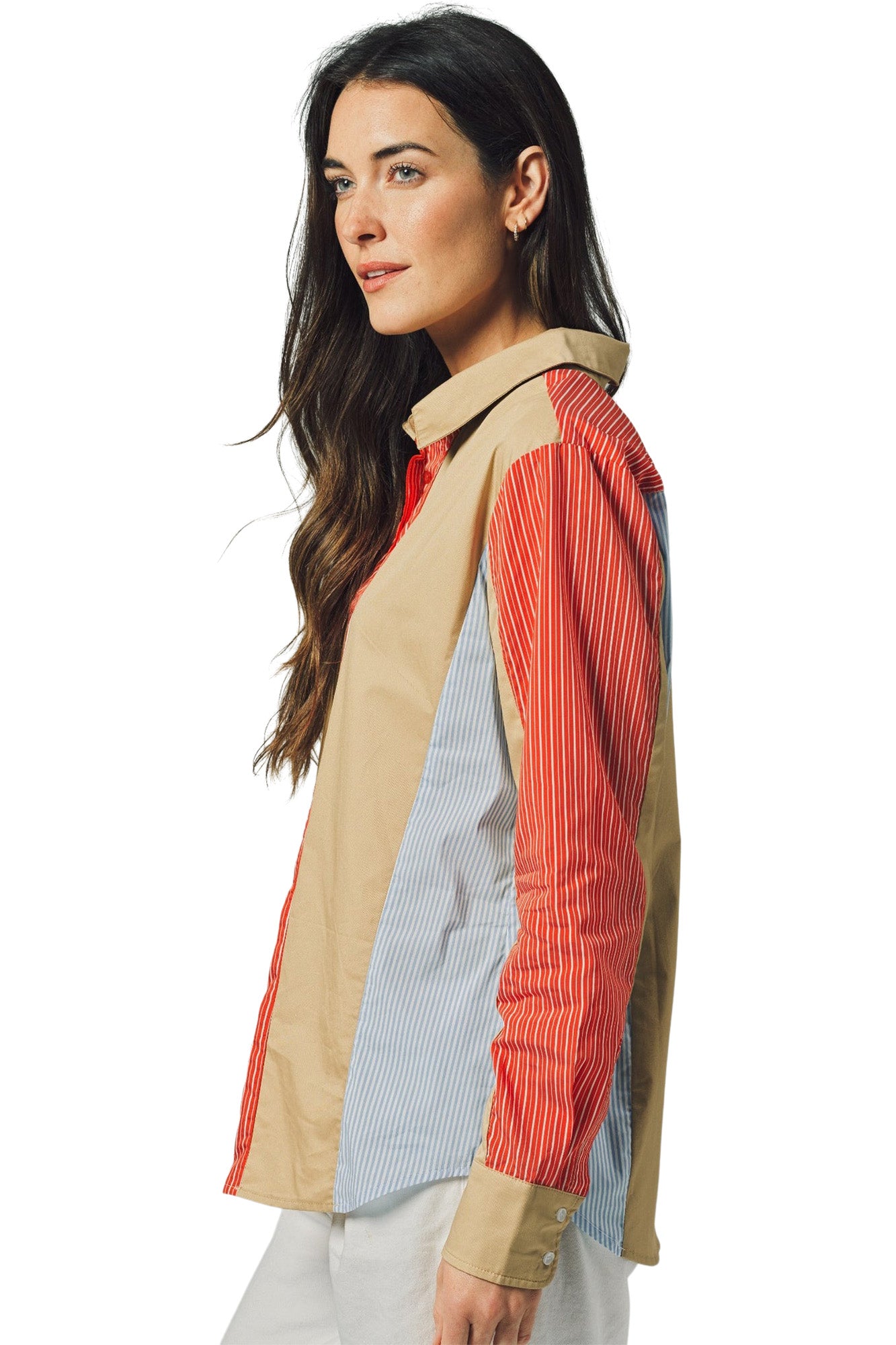 The Shirt By Rochelle Behrens Boyfriend Shirt In Stripe Tan Red Blue