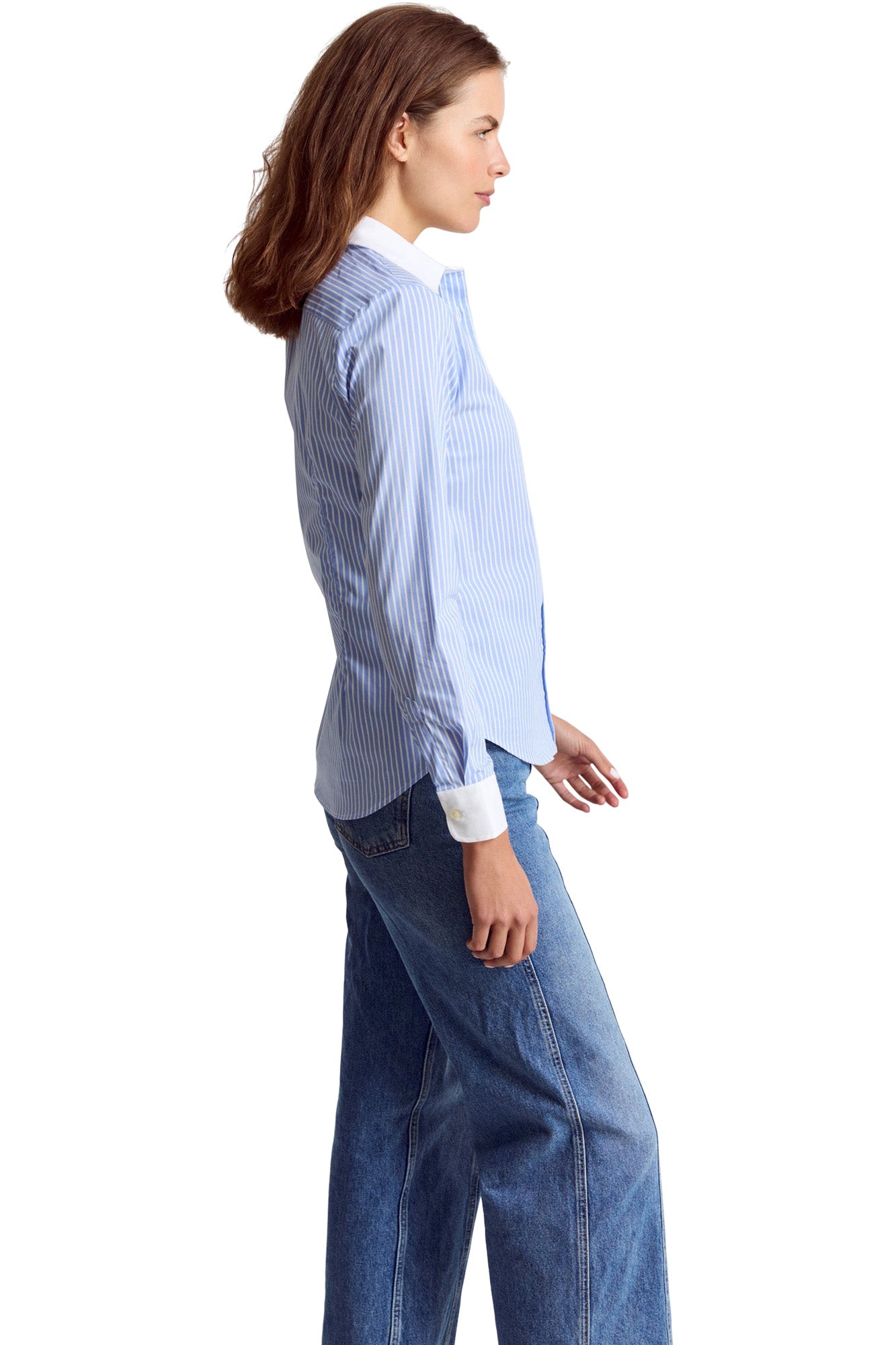 The Shirt By Rochelle Behrens Icon Shirt in Stripe Sky Blue White Collar