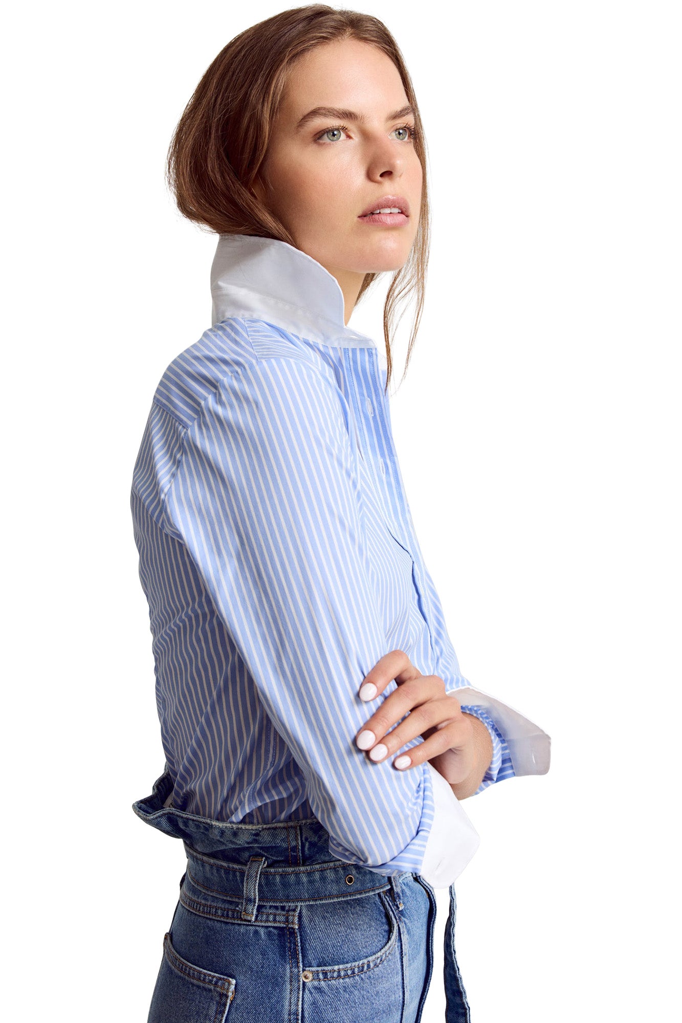 The Shirt By Rochelle Behrens Icon Shirt in Stripe Sky Blue White Collar
