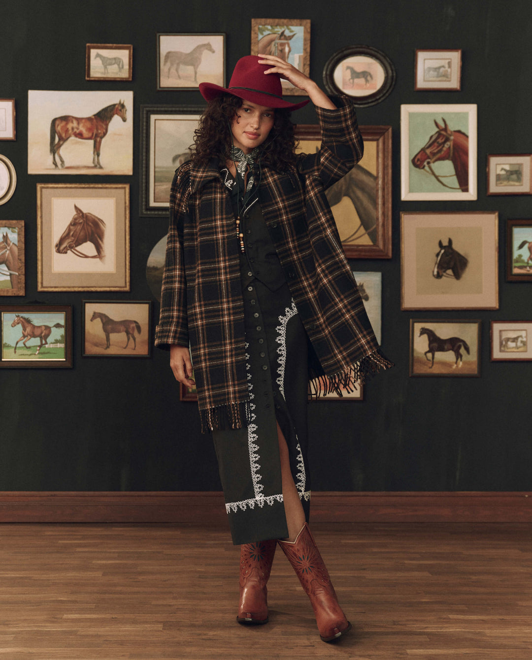 The Great x Stetson Fringe Coat in Caramel and Black Frontier Plaid
