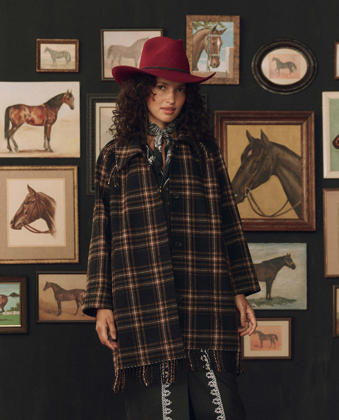 The Great x Stetson Fringe Coat in Caramel and Black Frontier Plaid