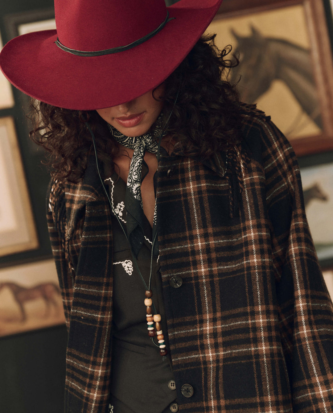 The Great x Stetson Fringe Coat in Caramel and Black Frontier Plaid