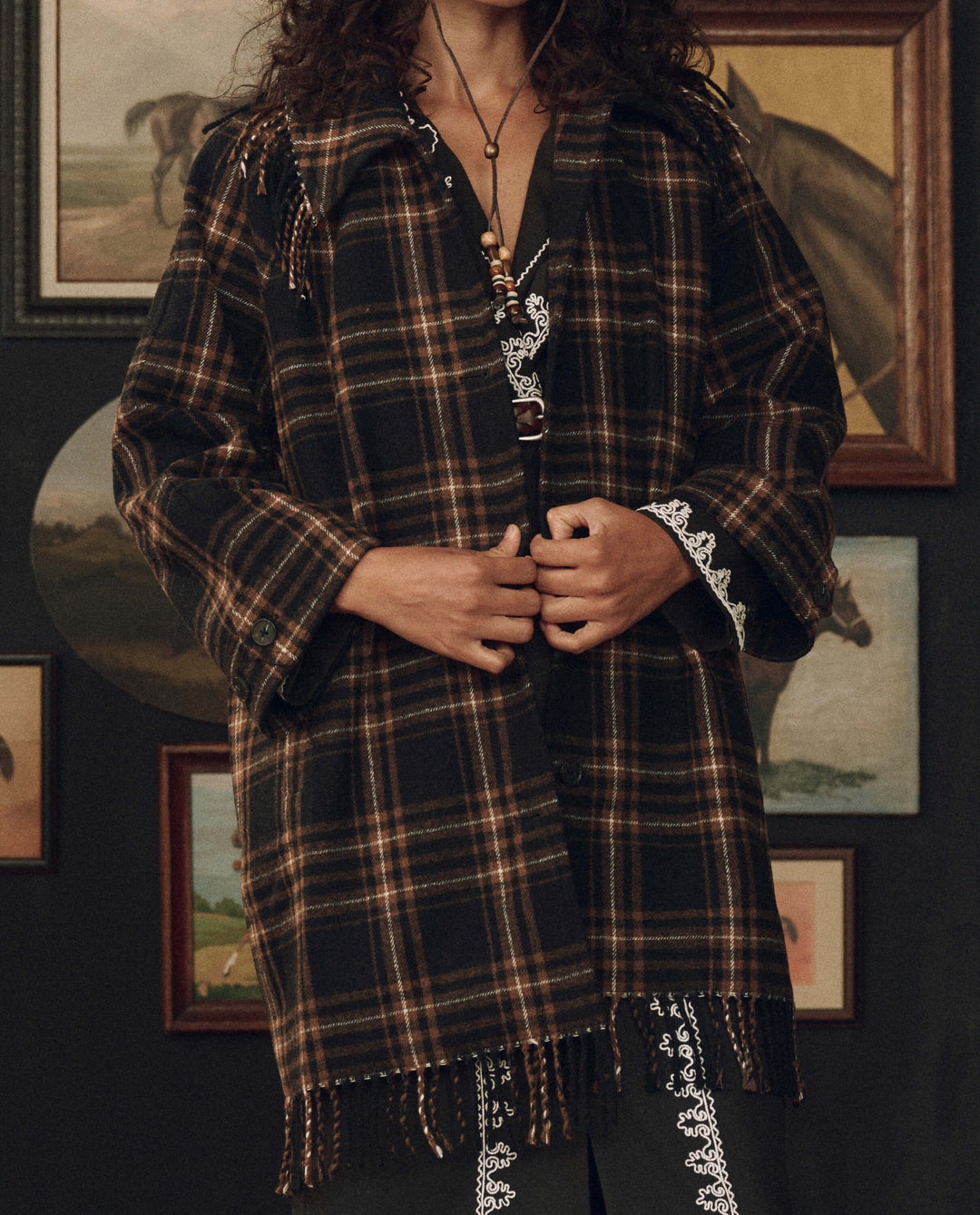 The Great x Stetson Fringe Coat in Caramel and Black Frontier Plaid