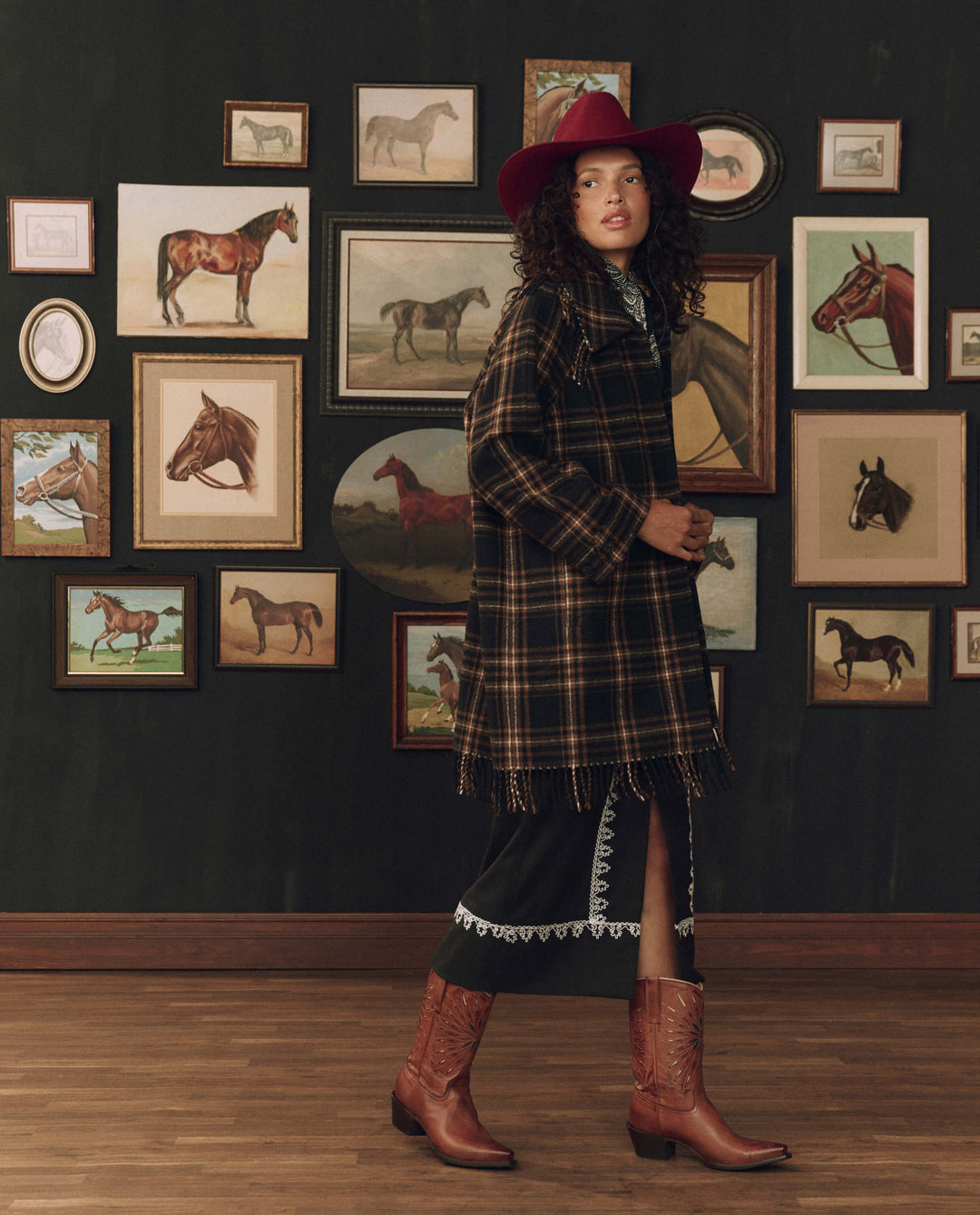 The Great x Stetson Fringe Coat in Caramel and Black Frontier Plaid