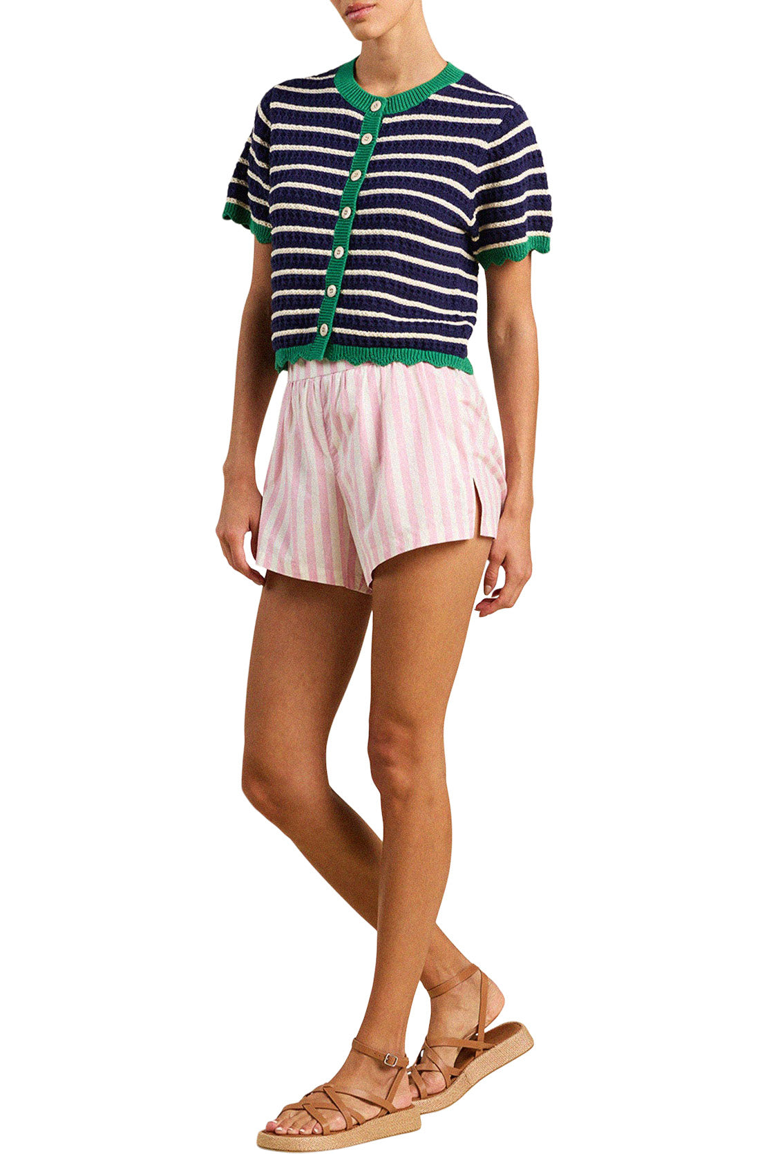 Trovata Birds of Paradis Aurora Short Sleeve Cardigan in Navy with Antique White Stripe