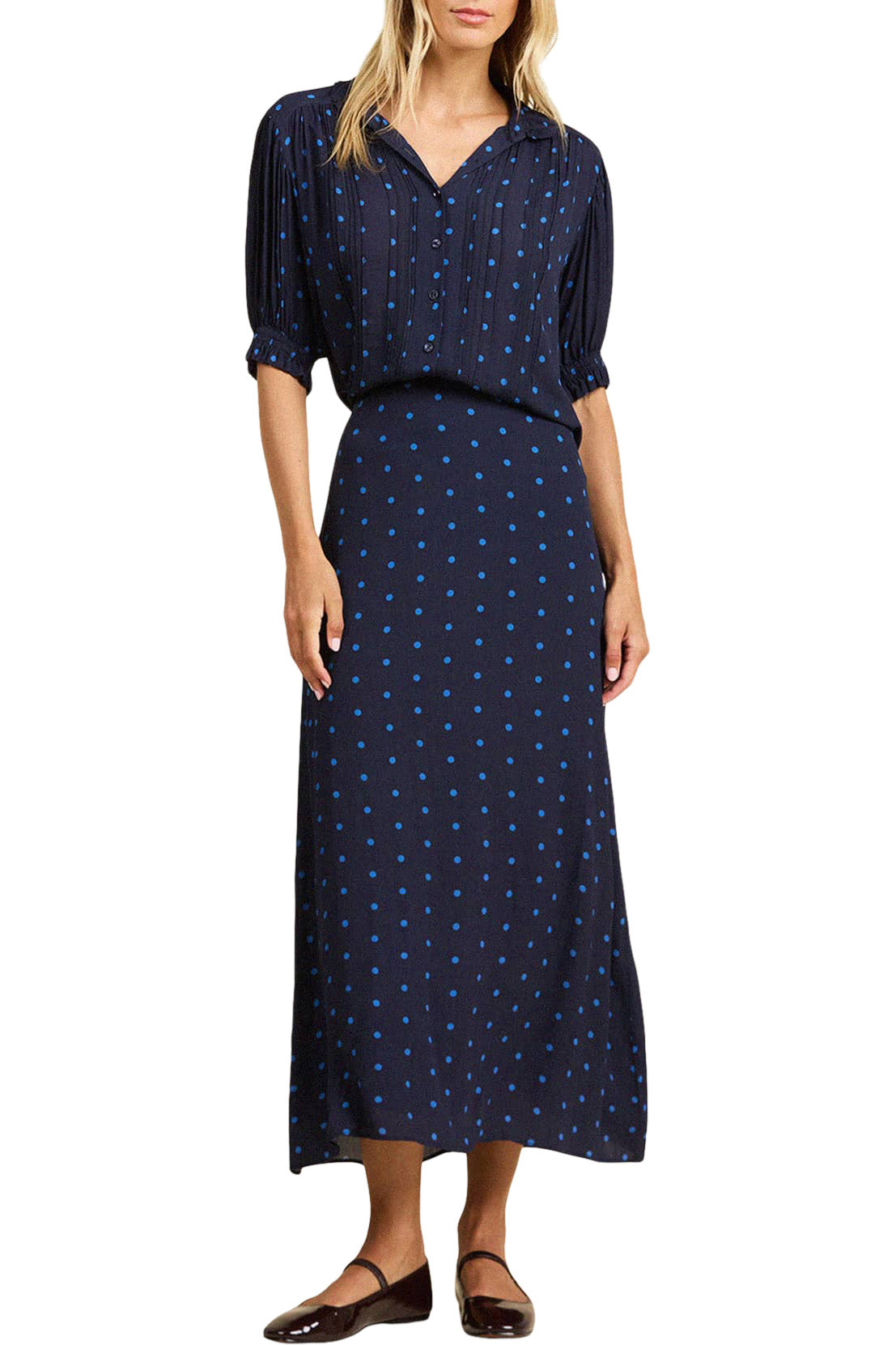 Trovata Birds of Paradis Gemma Blouse in Azure Polka Dot