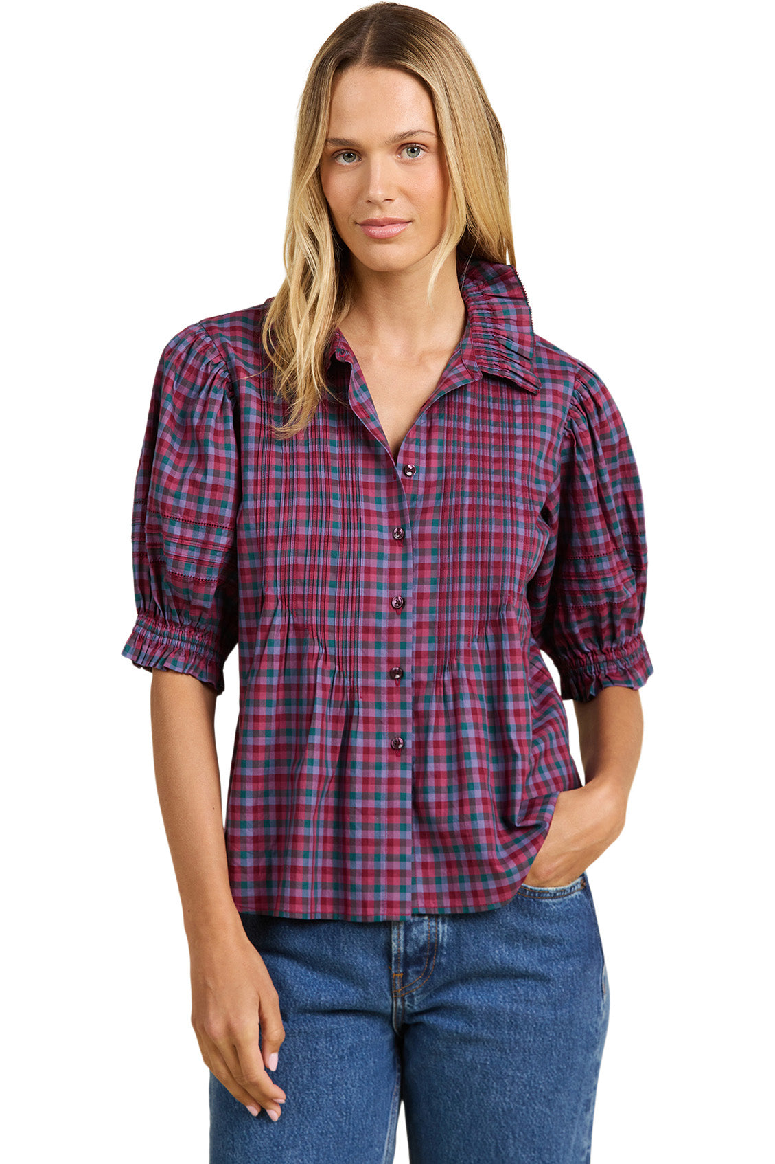 Trovata Birds of Paradis Jess Blouse in Poppy & Pine Check