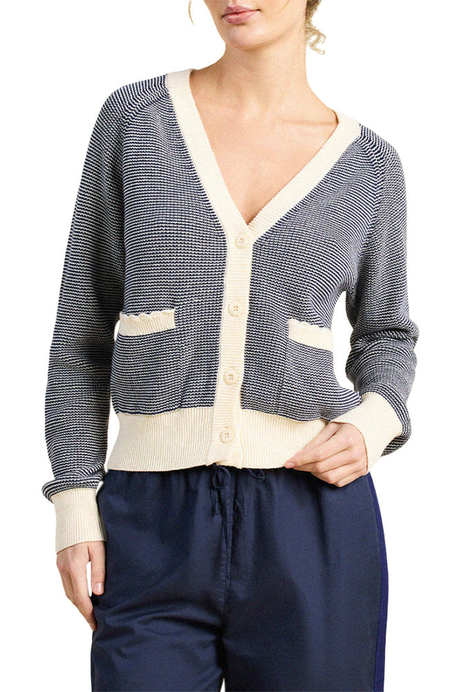 Trovata Birds of Paradis Meredith Cardigan in Navy with Antique White Stripes