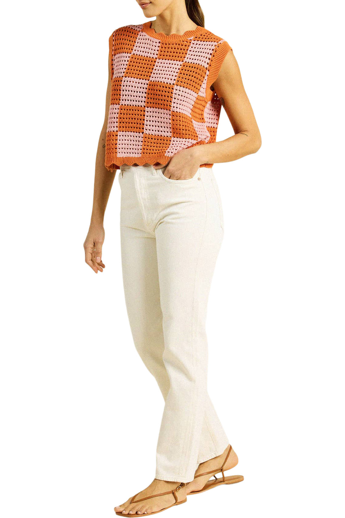 Trovata Birds of Paradise Bree Sweater Tank in Pink - Orange Check