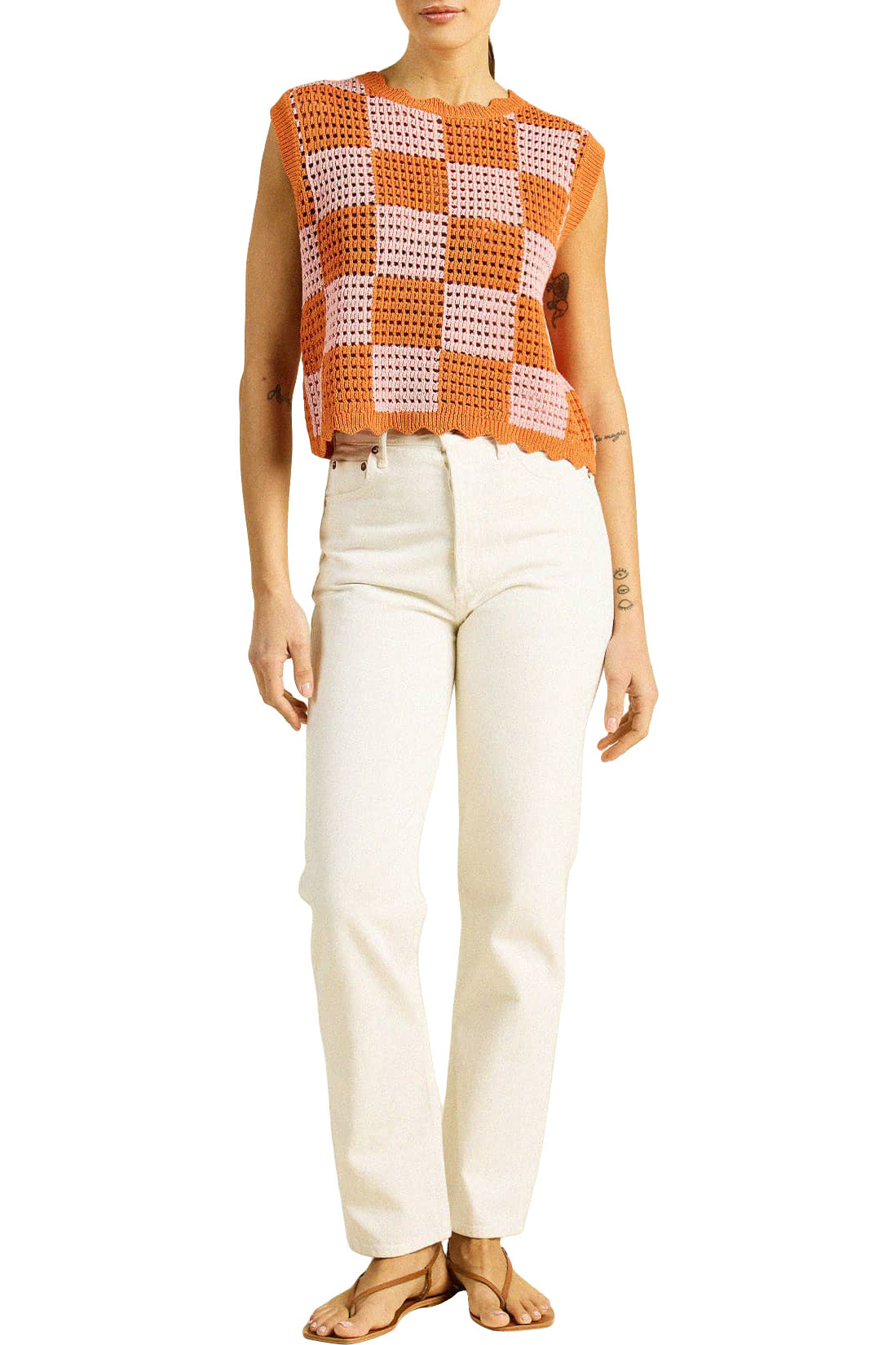 Trovata Birds of Paradise Bree Sweater Tank in Pink - Orange Check