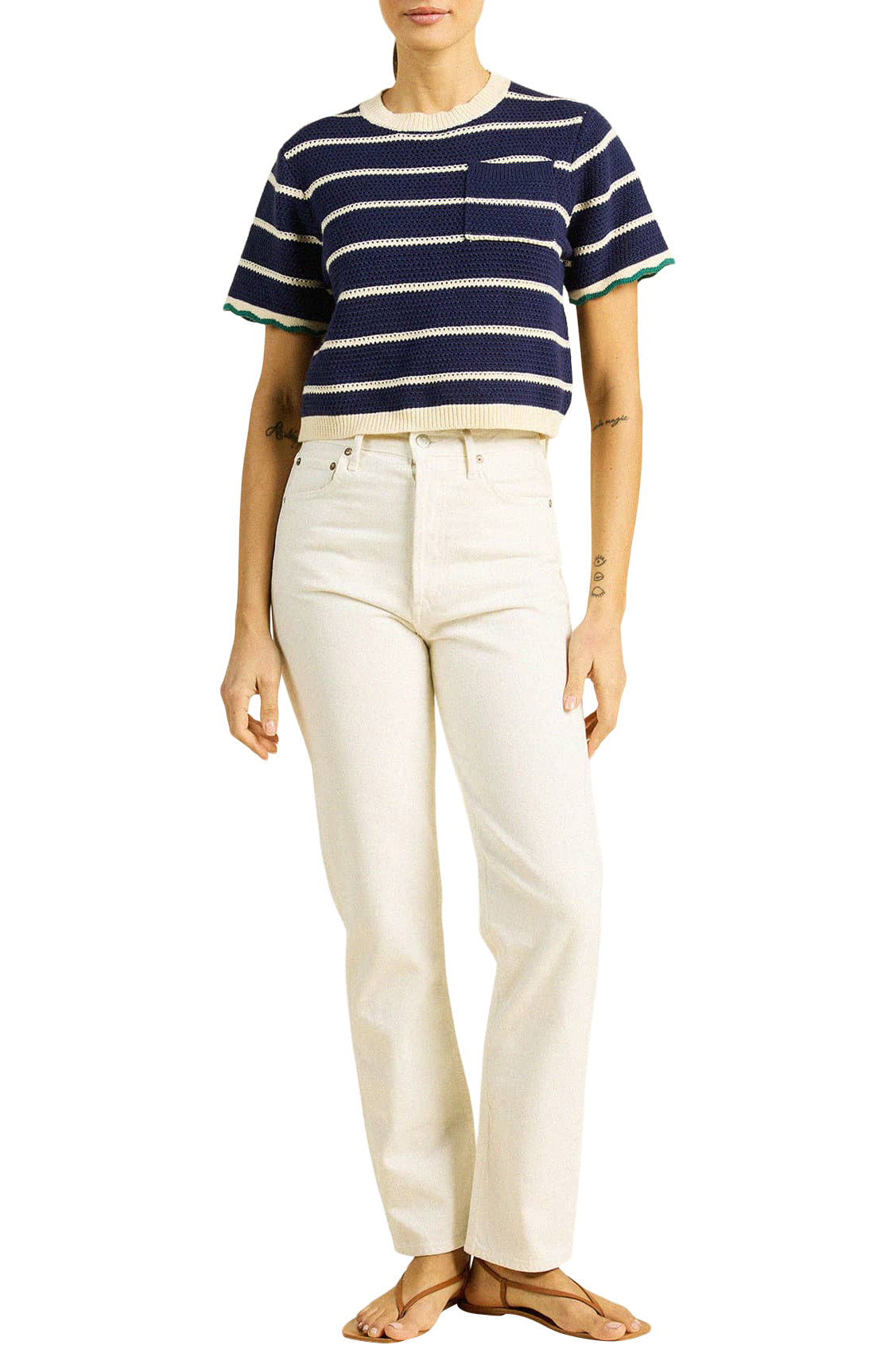 Trovata Birds of Paradise Jules Sweater T-Shirt in Navy - Antique White Stripe