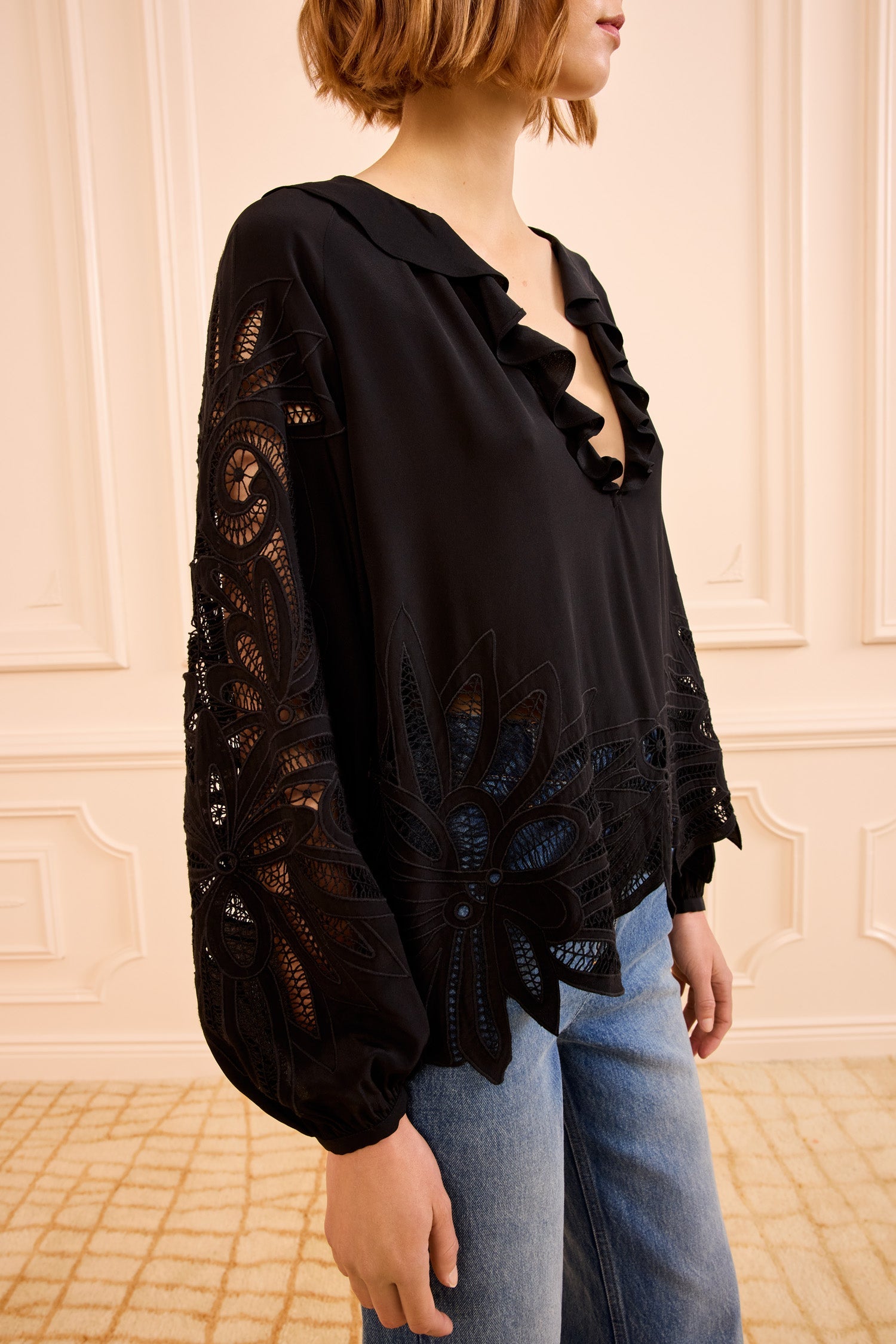 Ulla Johnson Adonis Silk Applique Blouse in Noir