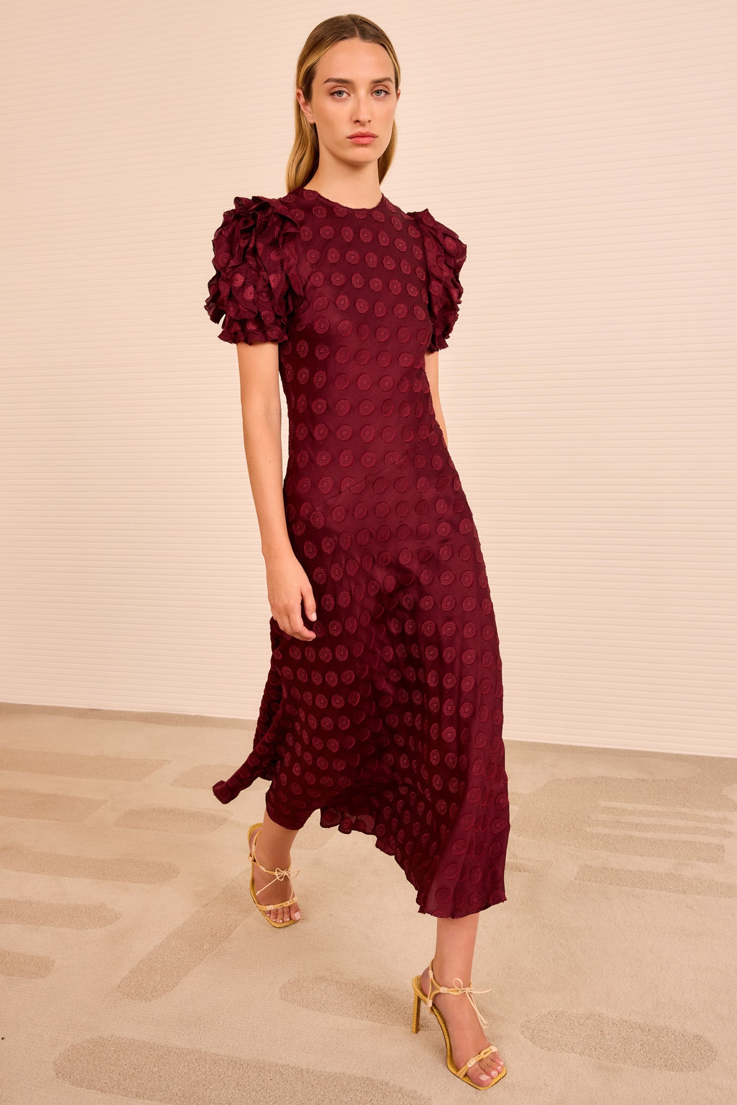 Ulla Johnson Elvia Ruffle Sleeve Midi Dress in Claret
