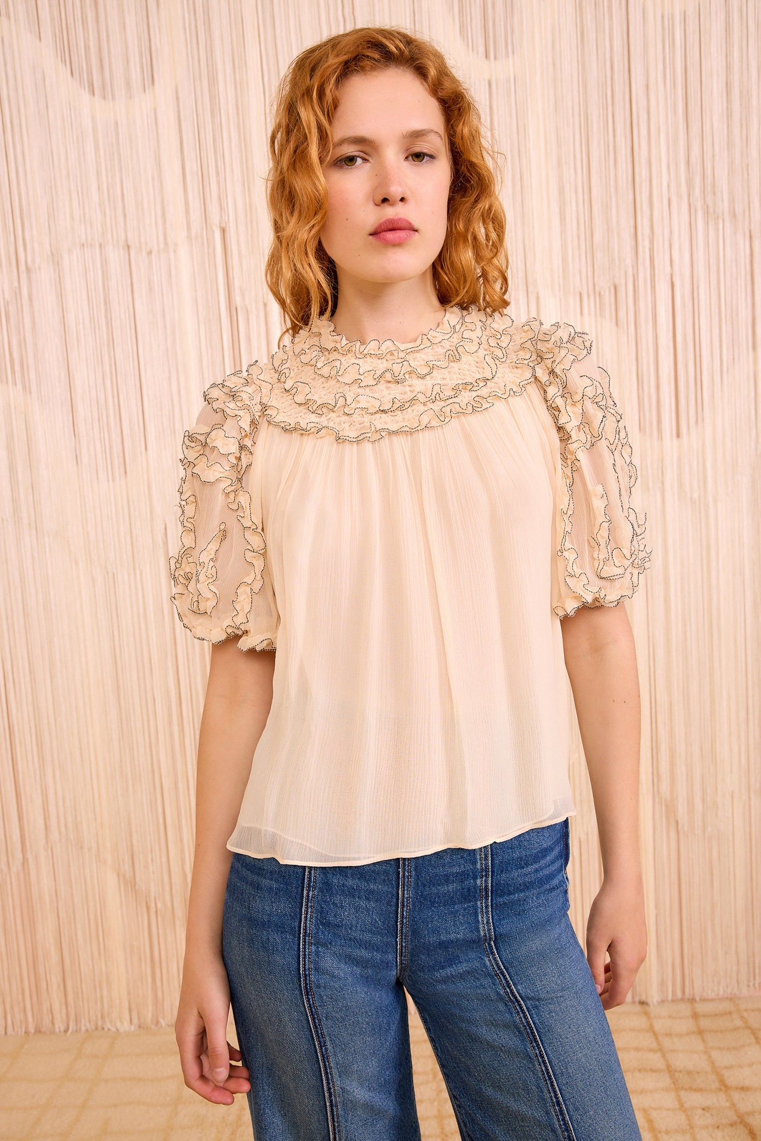 Ulla Johnson Isolda Silk Smocked Blouse in Chantilly