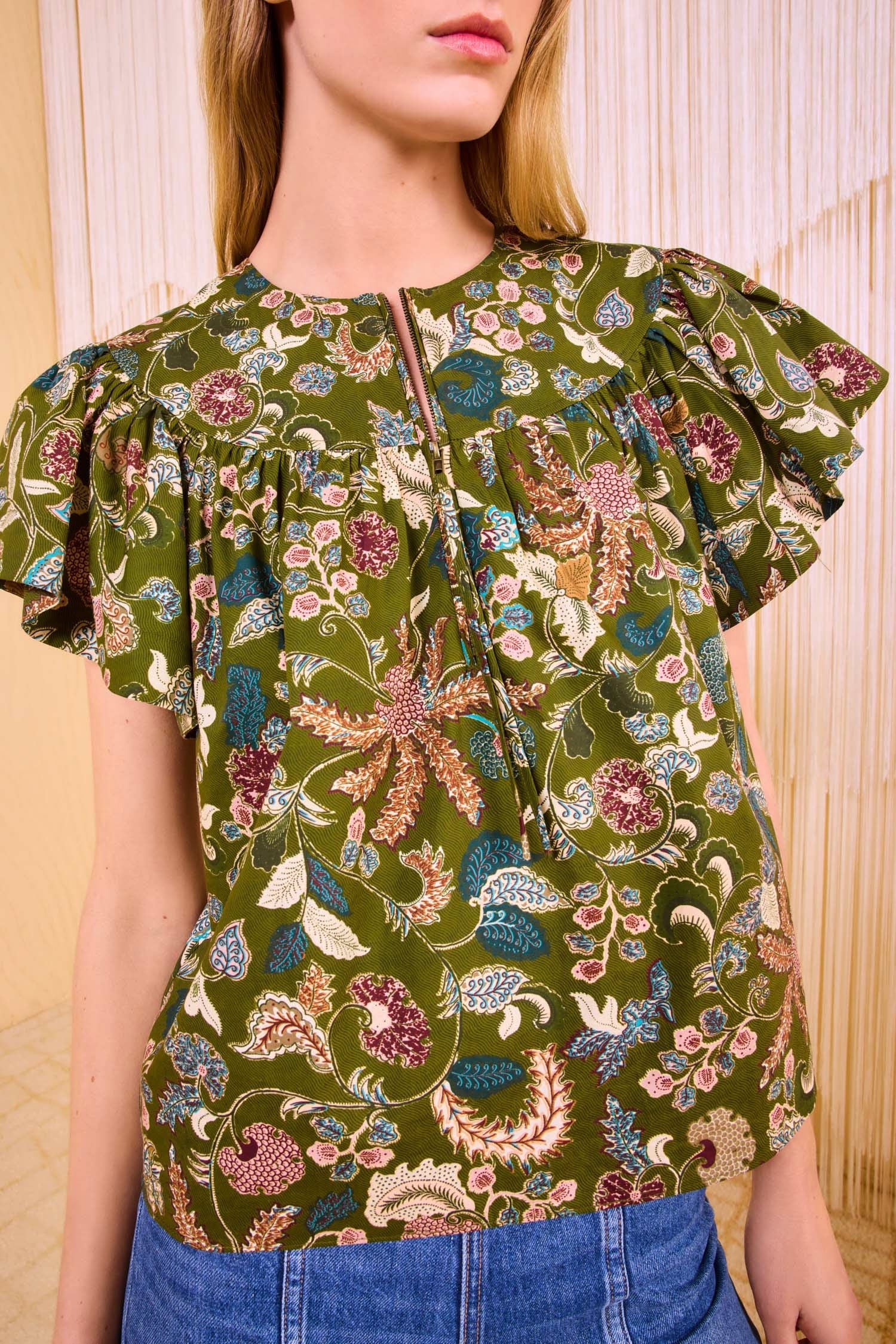 Ulla Johnson Perline Flutter Sleeve Blouse in Lichen