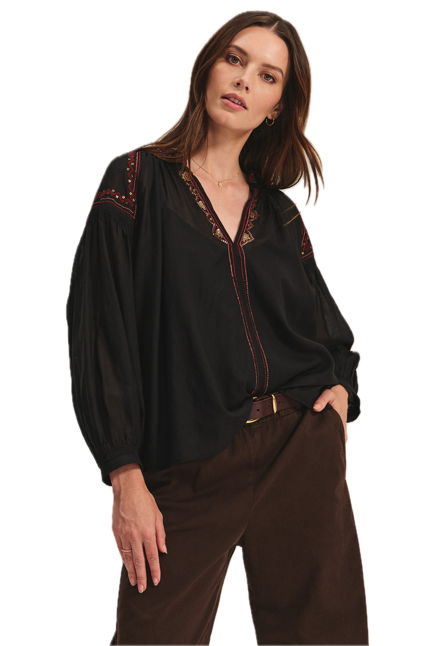 Velvet Bridget Novelty Beaded Cotton Blouse in Black