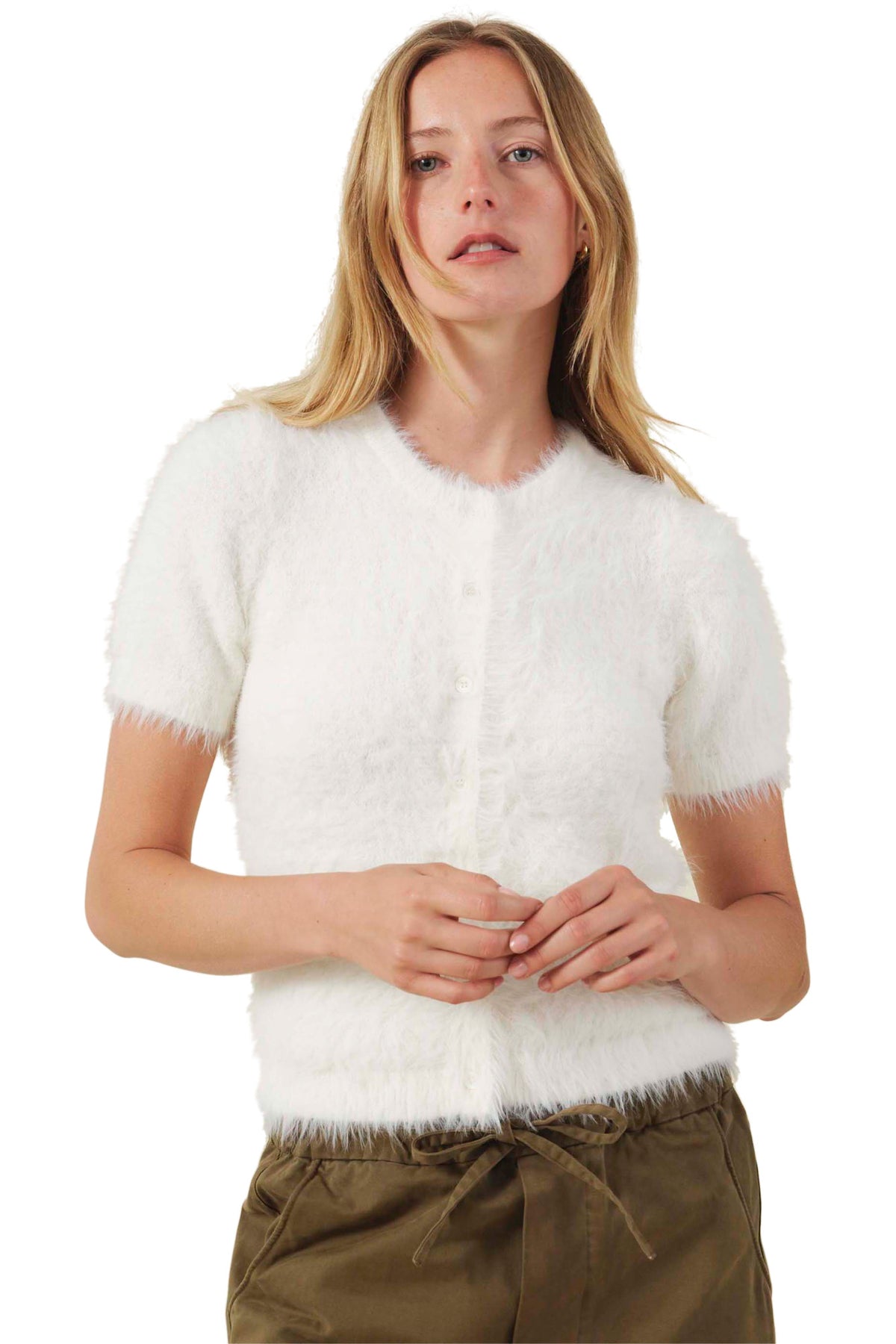 Velvet Gabby Feather Yarn Cardigan in Milk