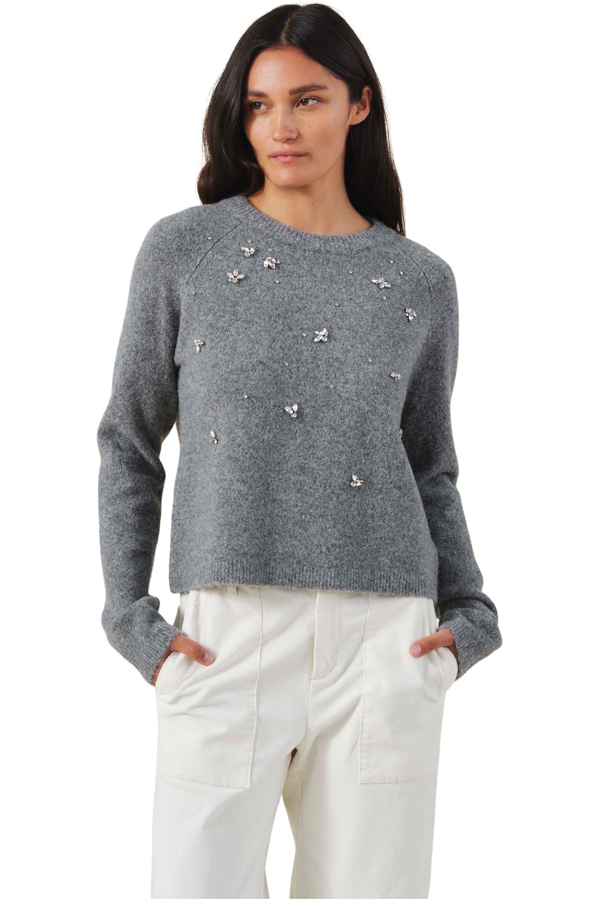 Velvet Jewel Crewneck Bejeweled Sweater in Heather Grey