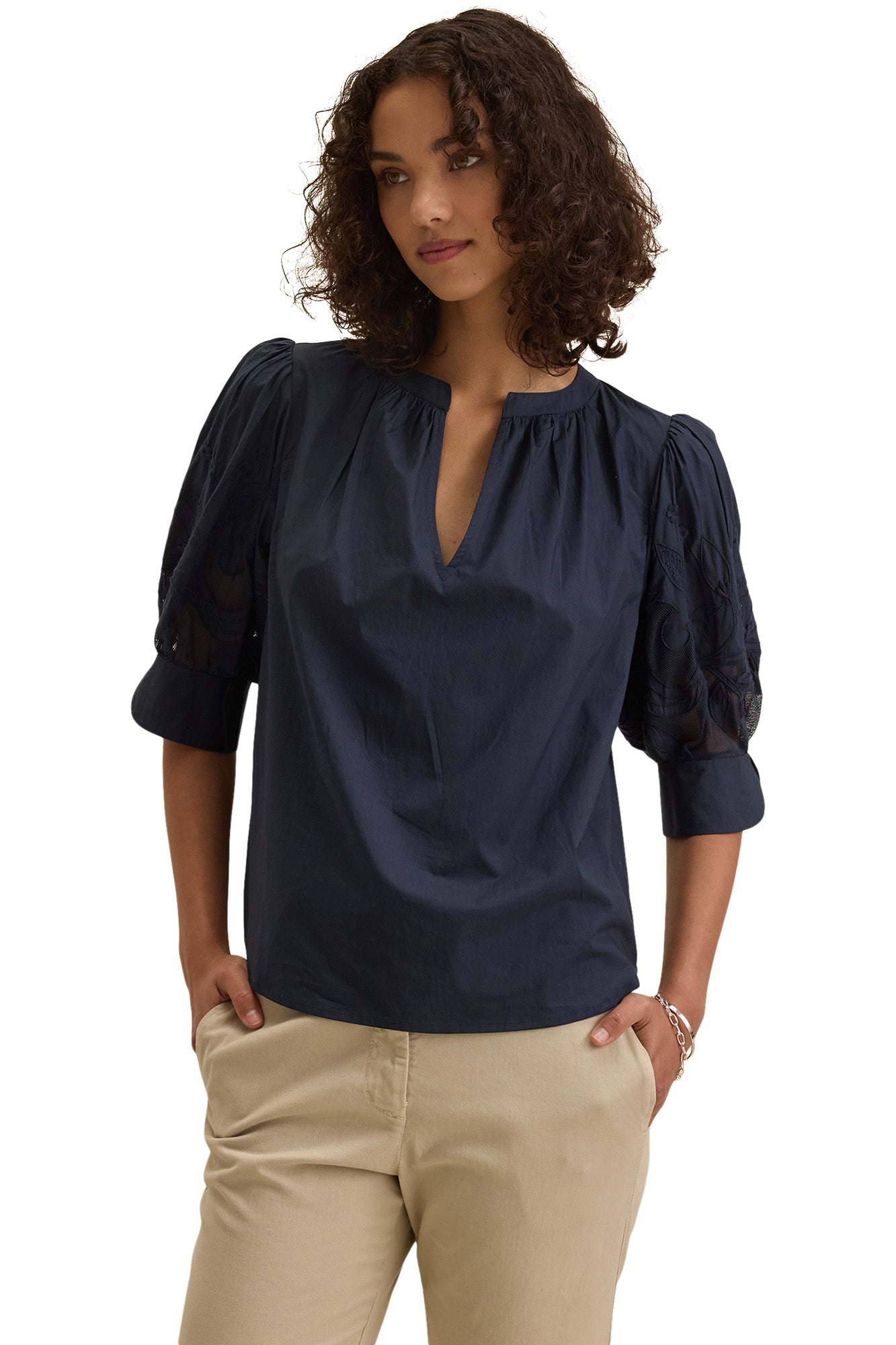 Velvet Laria Sunflower Embroidered Top in Navy