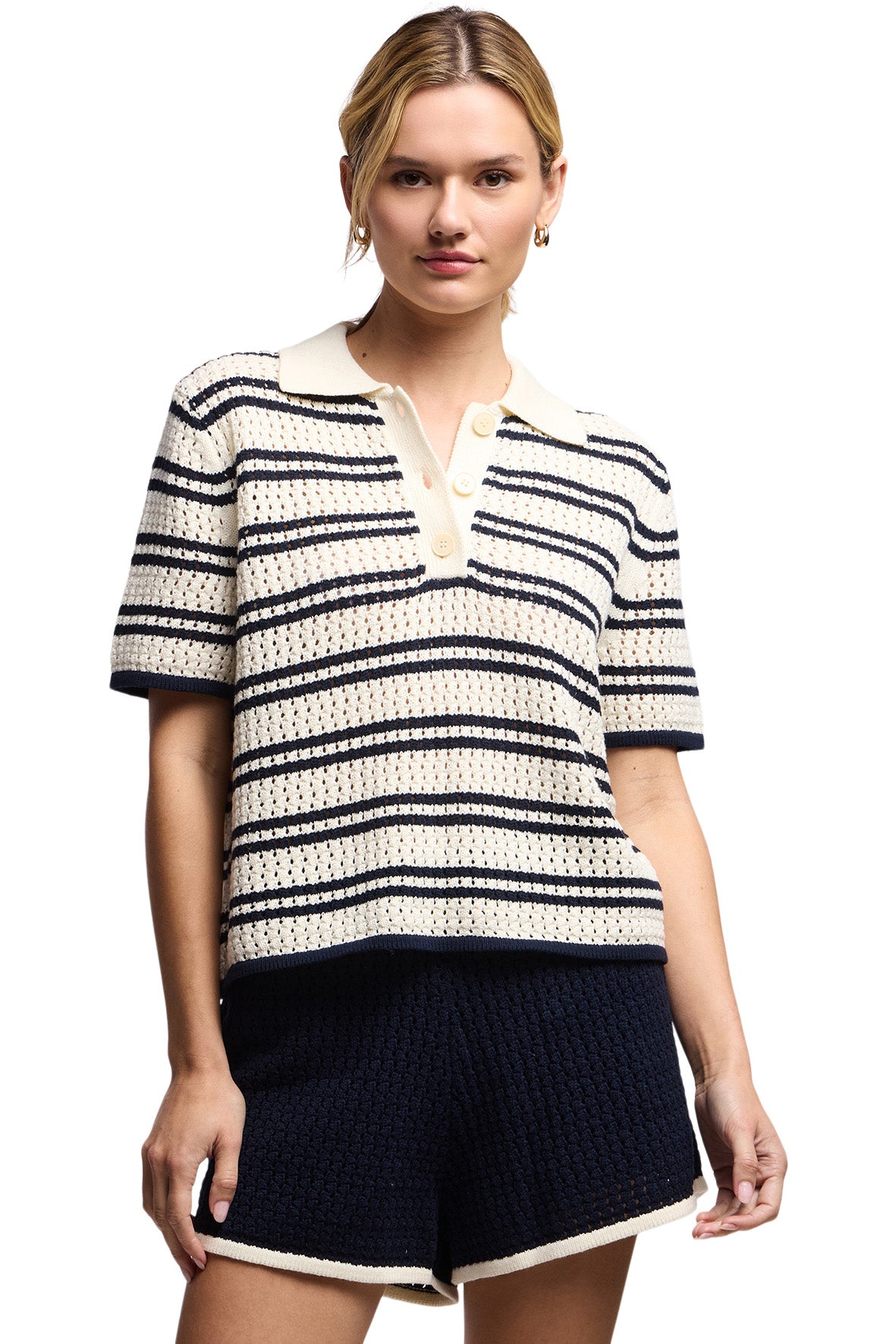 Velvet Lumae Striped Mesh Sweater in Milk-Navy