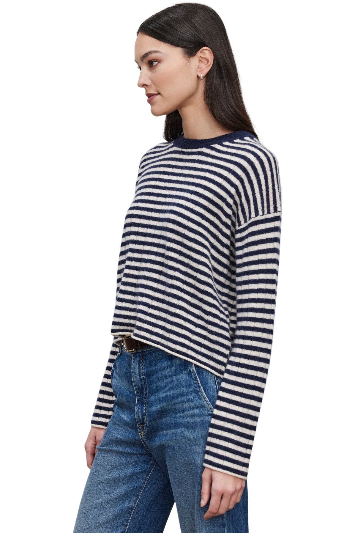 Velvet Monica Cashmere Striped Sweater in Linen-Navy