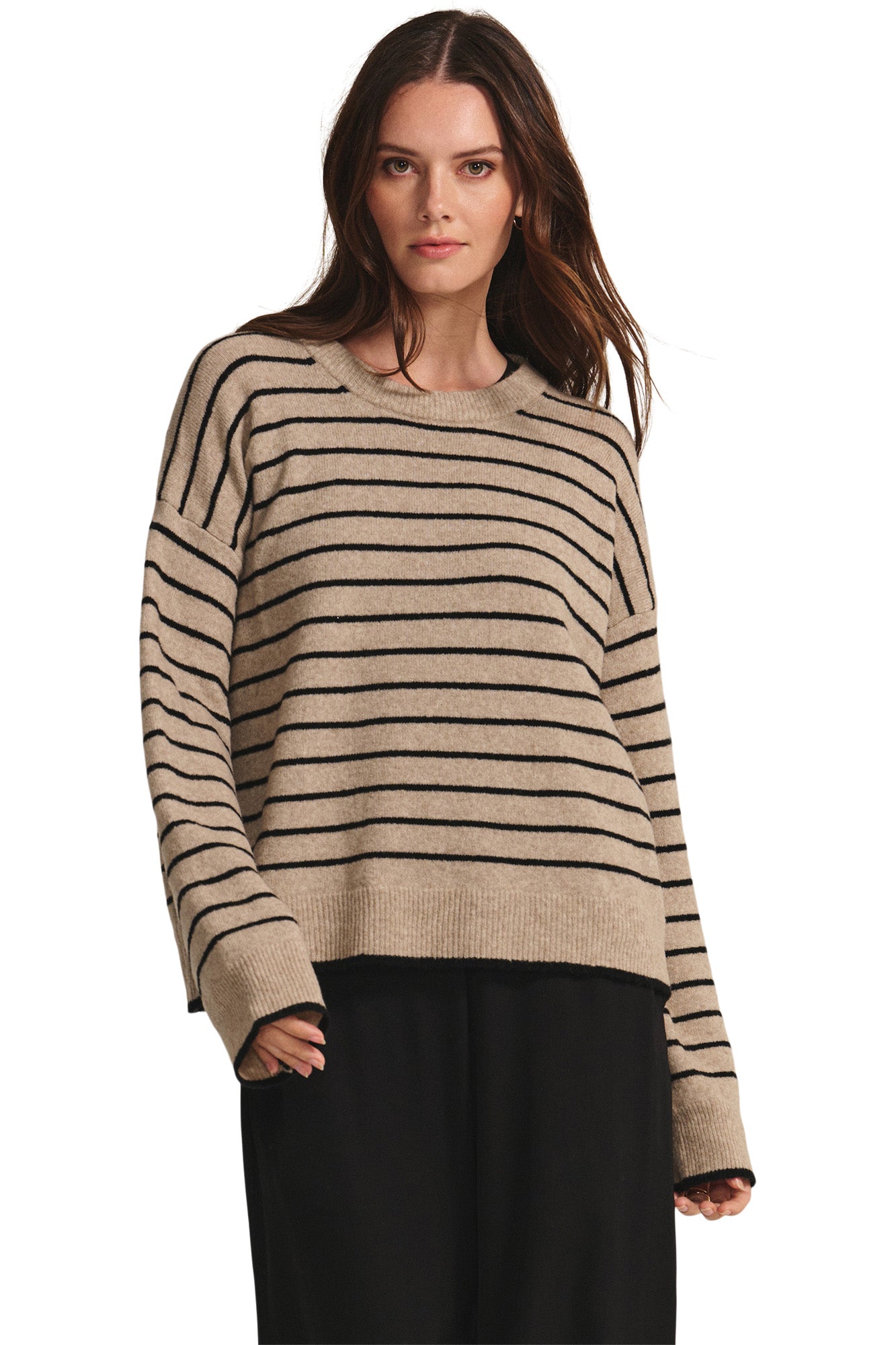 Velvet Romy Crewneck Sweater in Oatmeal - Navy