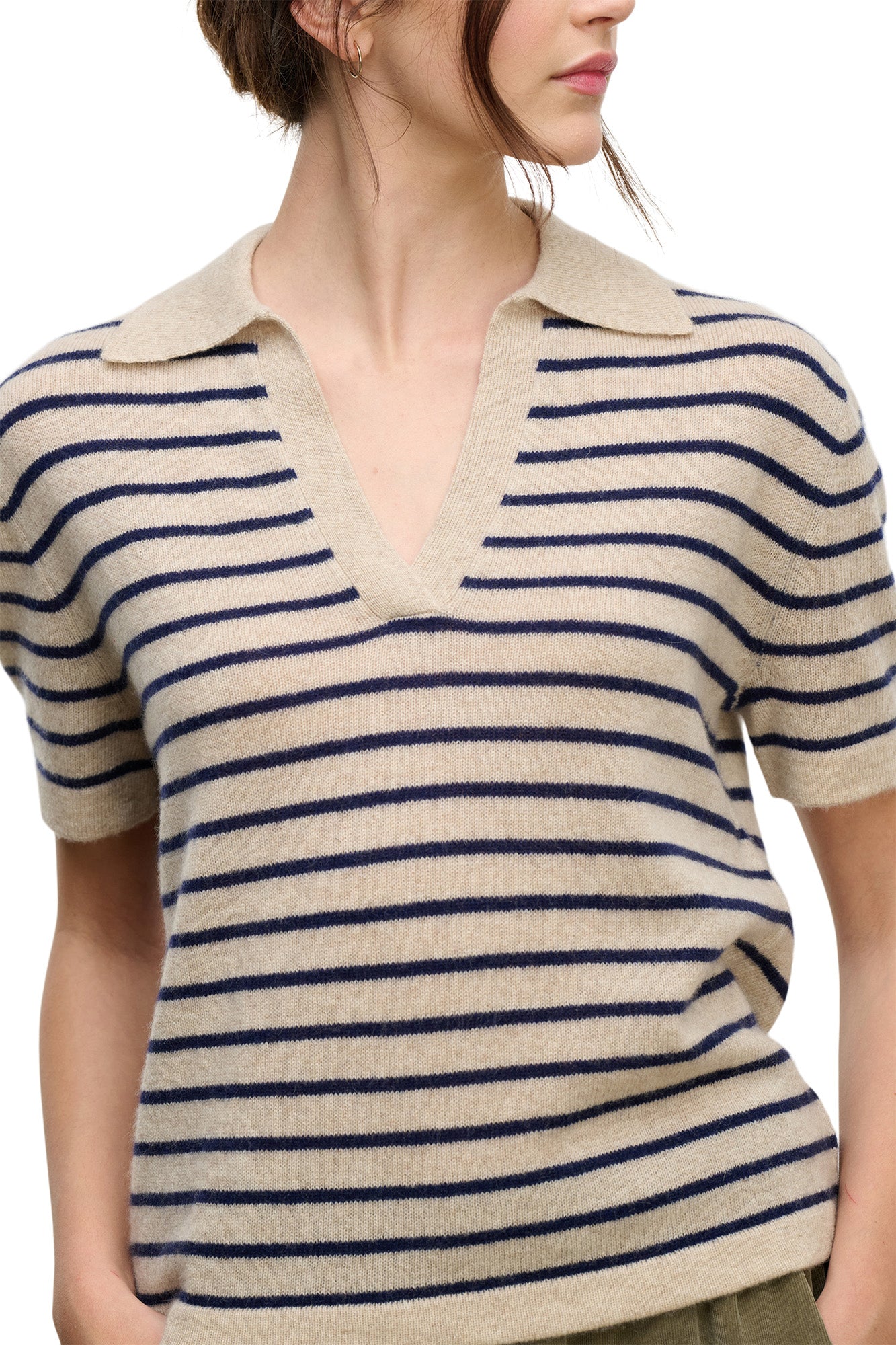 Velvet Yael Polo Sweater in Oatmeal - Navy