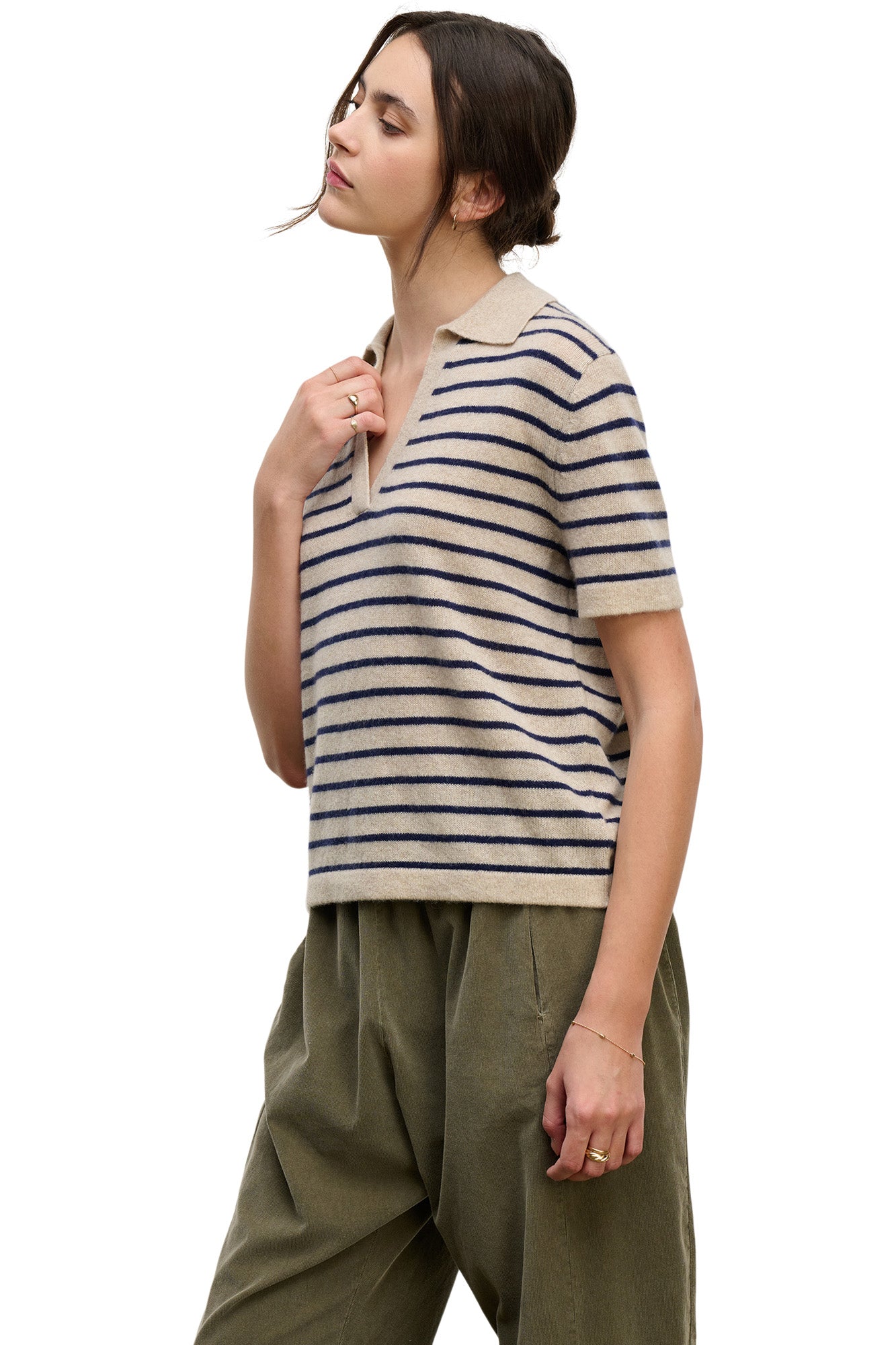 Velvet Yael Polo Sweater in Oatmeal - Navy