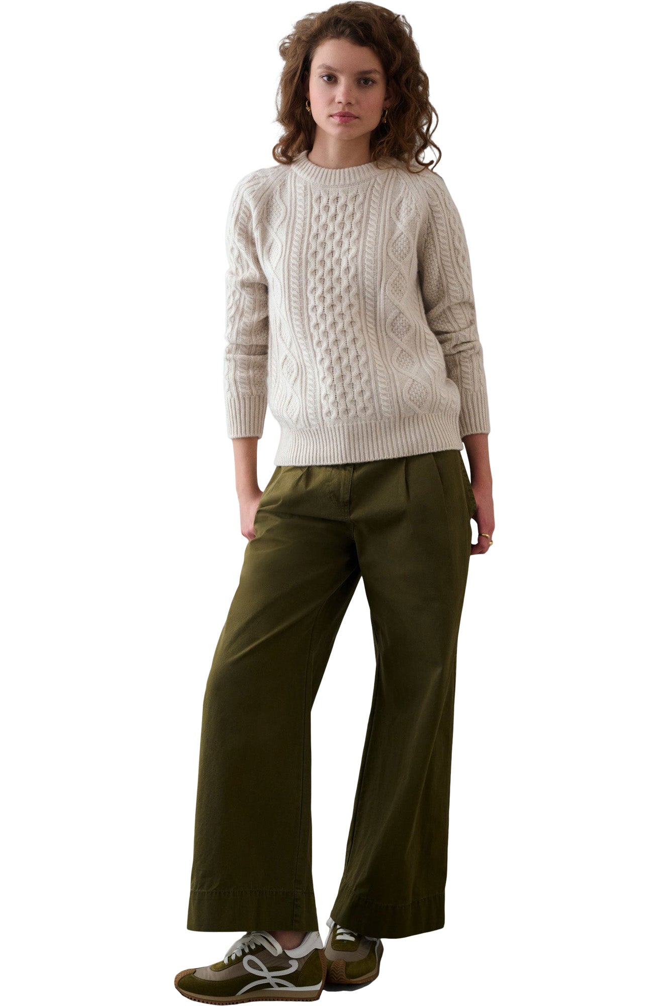 White & Warren Cashmere Luxe Cable Sweater in Natural Heather