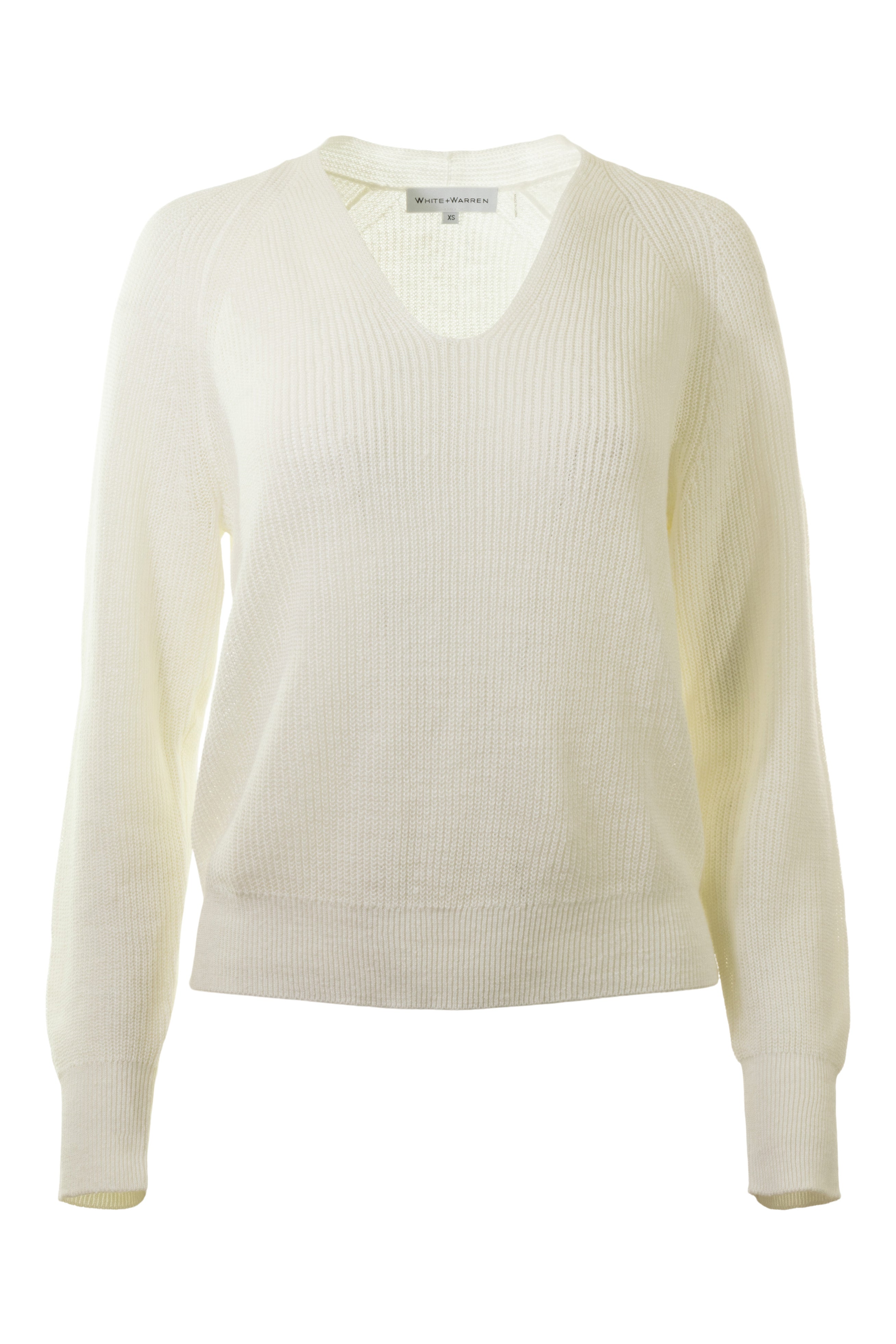 White & Warren Classic Ribbed V-neck Sweater in White
