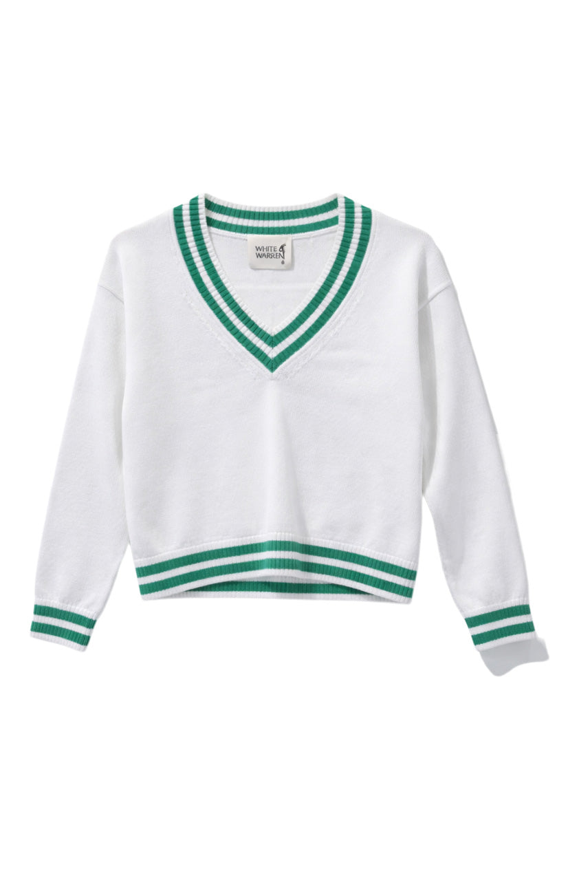 White & Warren Varsity Cotton V-neck in Ivory Retro Green