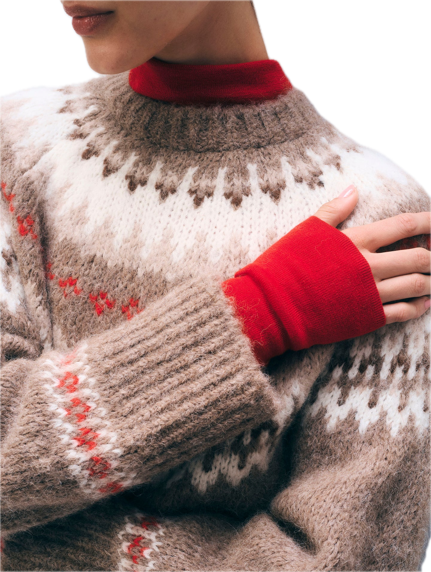 White & Warren Alpaca Fair Isle Crewneck Sweater in Brown Combo