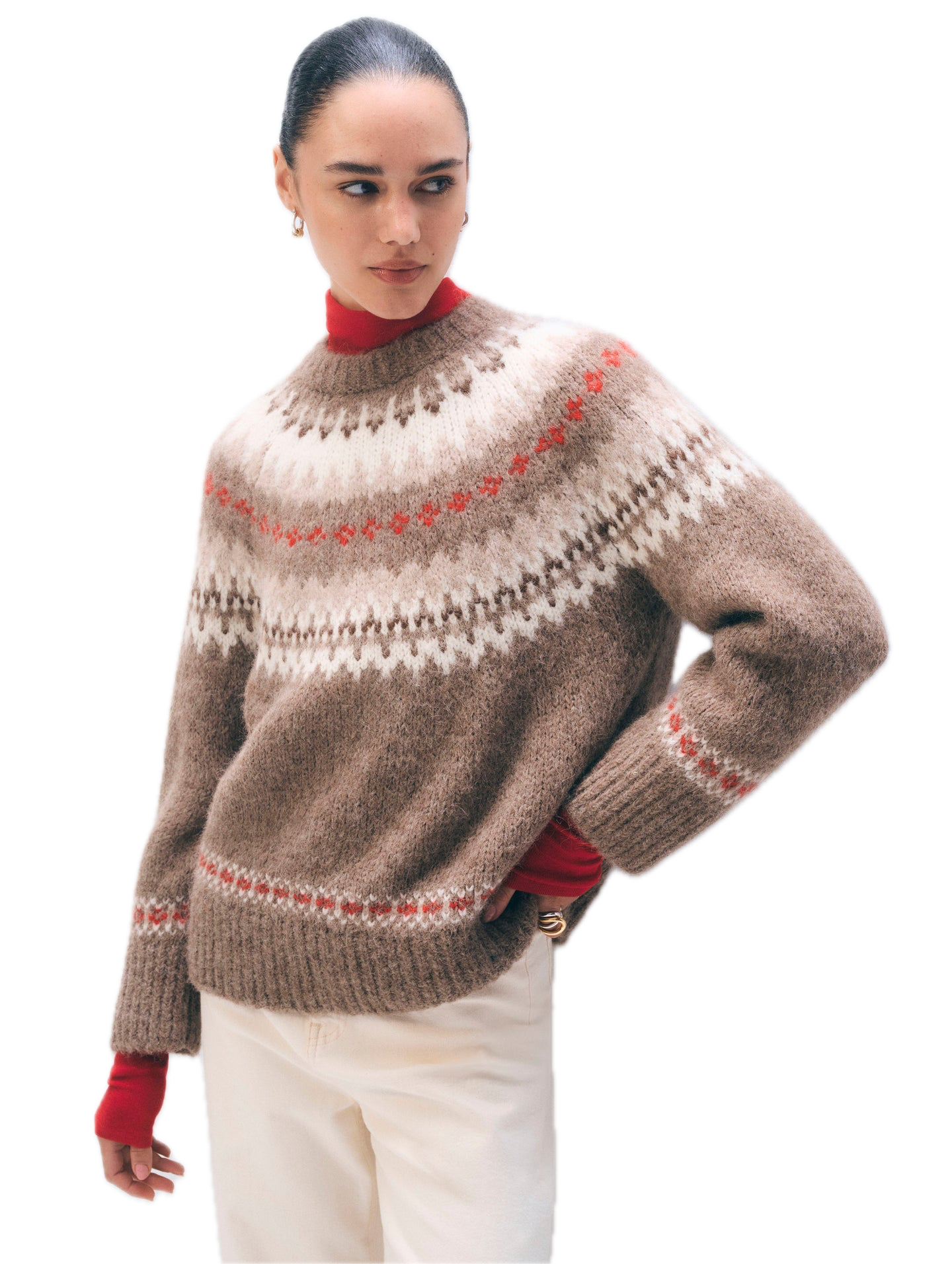 White & Warren Alpaca Fair Isle Crewneck Sweater in Brown Combo