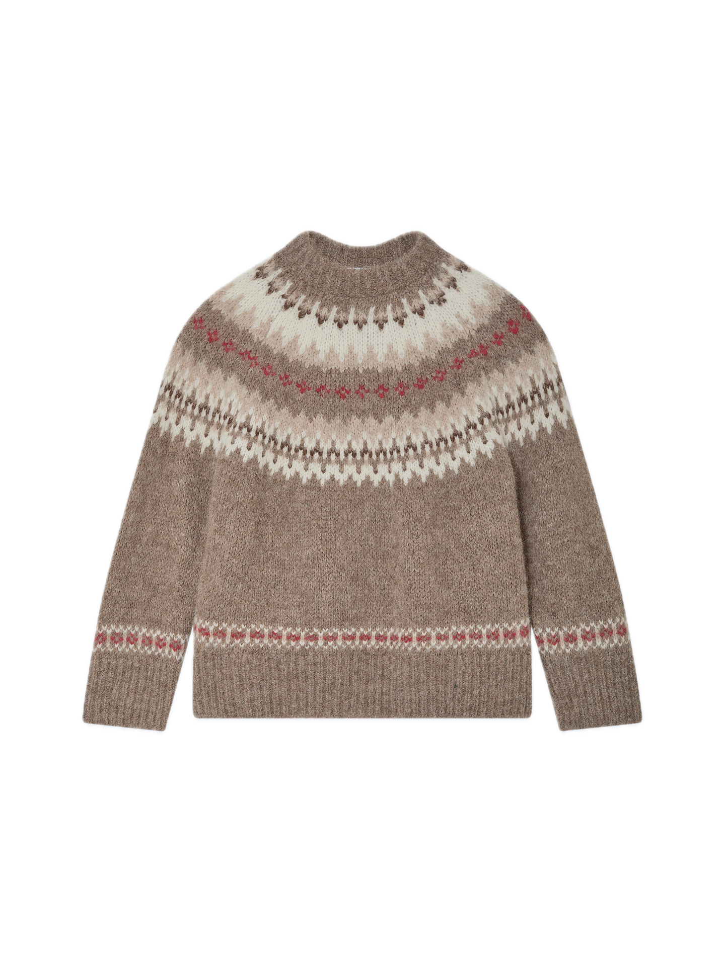 White & Warren Alpaca Fair Isle Crewneck Sweater in Brown Combo