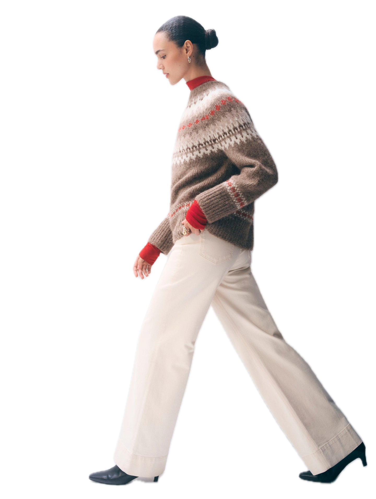 White & Warren Alpaca Fair Isle Crewneck Sweater in Brown Combo