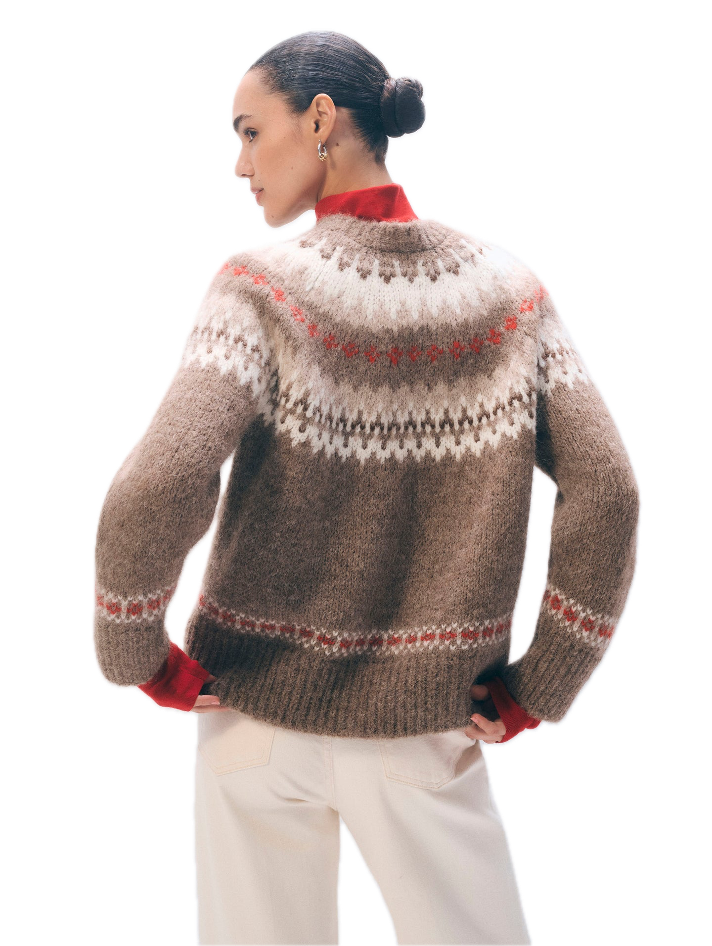 White & Warren Alpaca Fair Isle Crewneck Sweater in Brown Combo