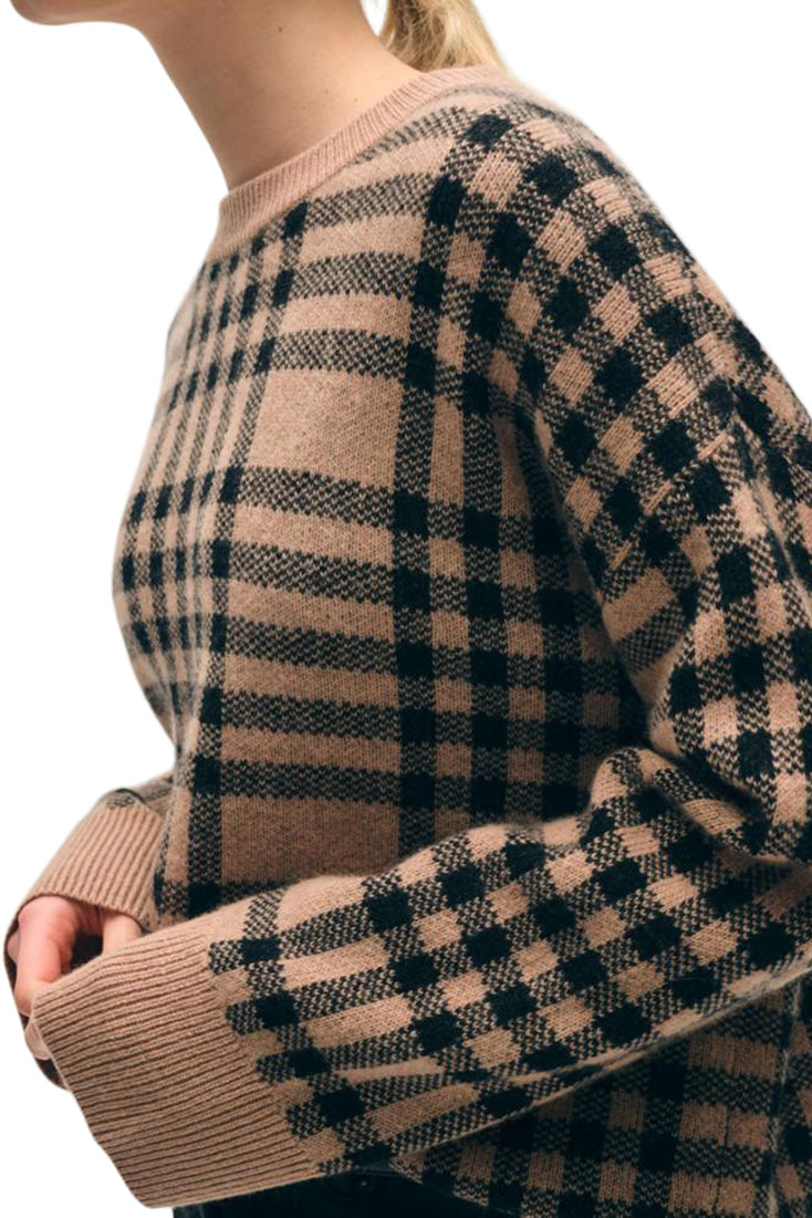 White & Warren Cashmere Plaid Crewneck in True Camel - Black