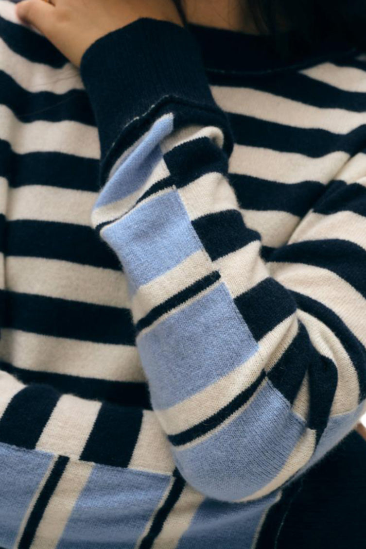 White & Warren Cashmere Striped Sweater in Blue Combo