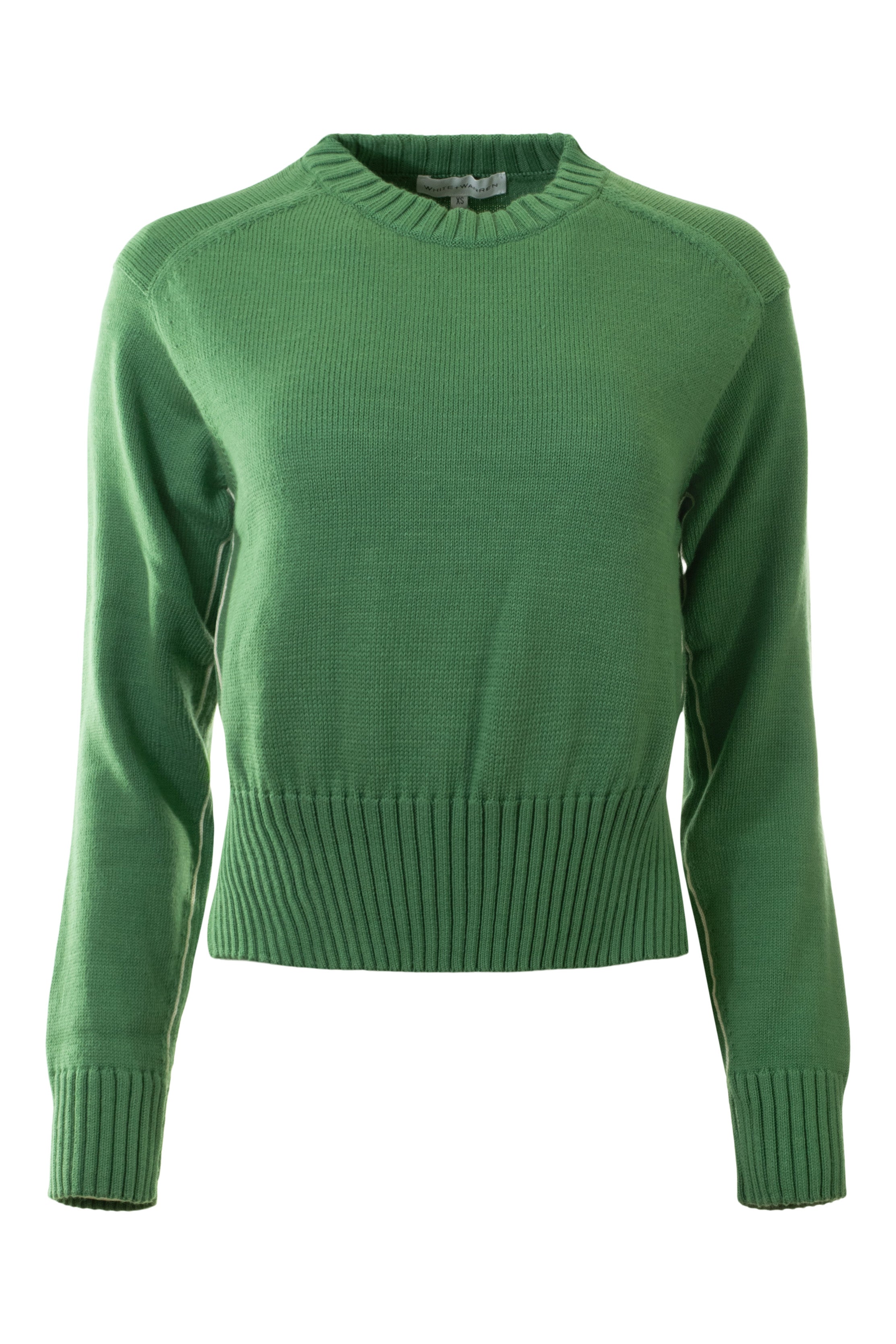 White & Warren Soft Cotton Rib Trim Sweatshirt in Willow Green - Ivory