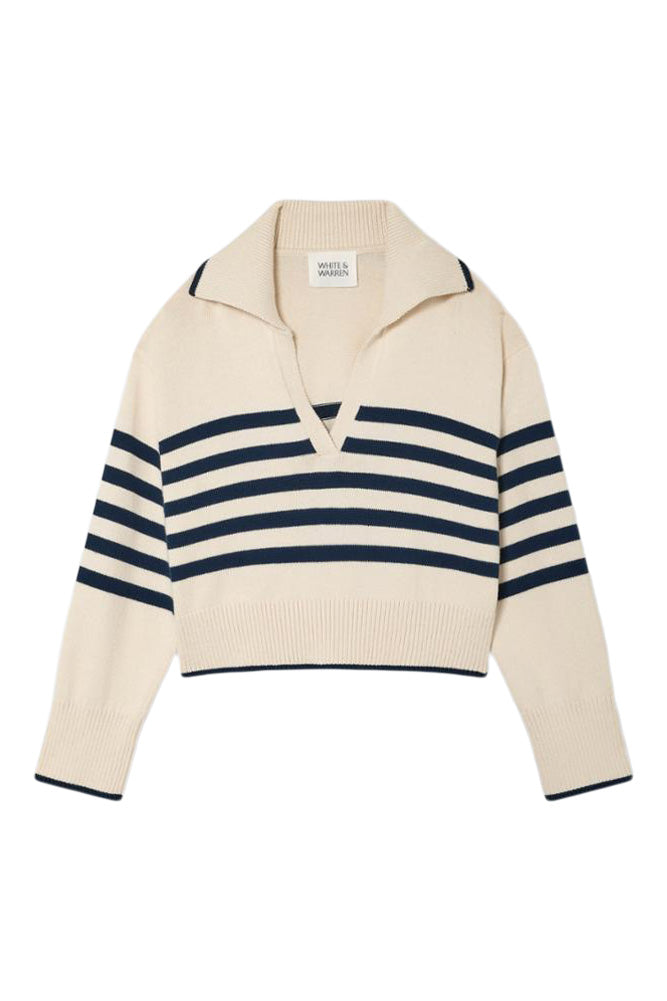 White & Warren Varsity Cotton Striped Polo Sweater in Ivory-Navy
