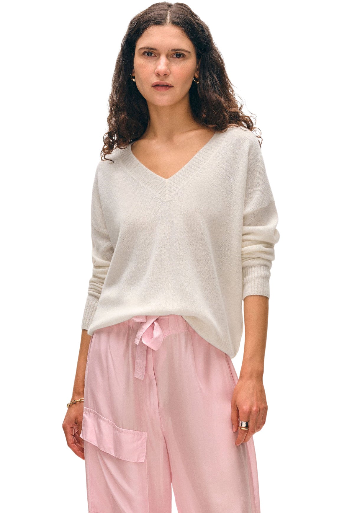 White & Warren Cashmere Featherweight V-neck in Soft White