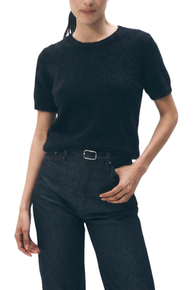 White & Warren Brushed Cashmere Blend Tee in Black