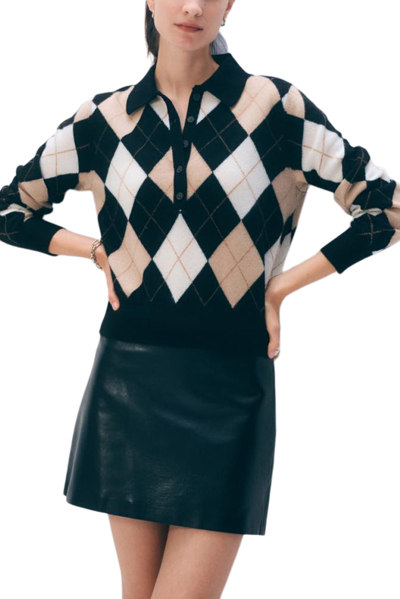 White & Warren Cashmere Argyle Long Sleeve Polo