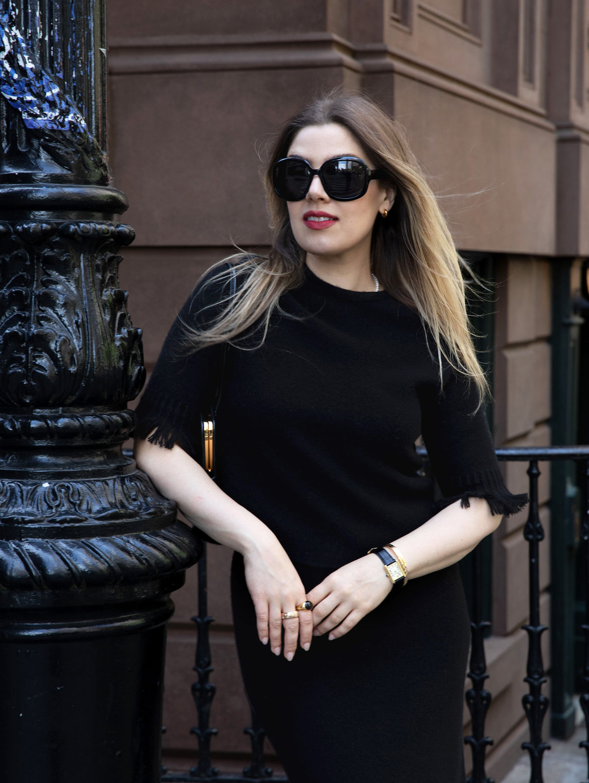 White & Warren Cashmere Blend Fringe Tee in Black