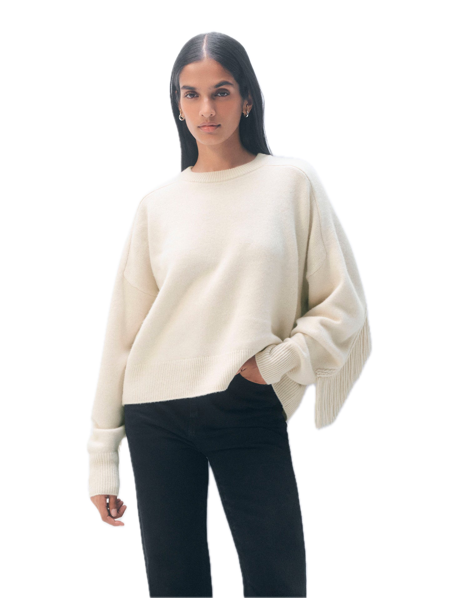 White & Warren Cashmere Blend Luxe Fringe Crewneck Sweater